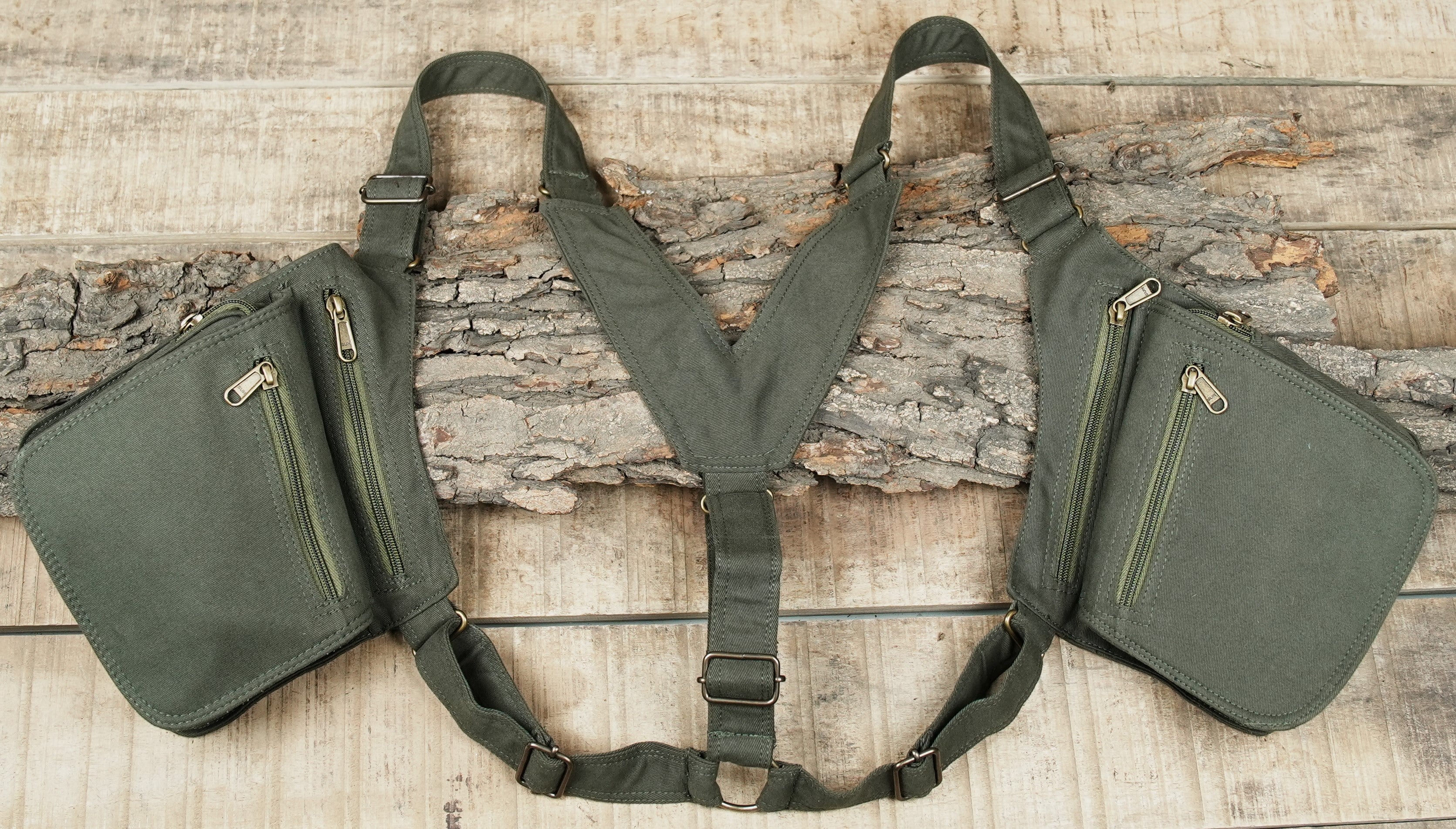Festival-ready olive chest rig complete with fully adjustable body straps
