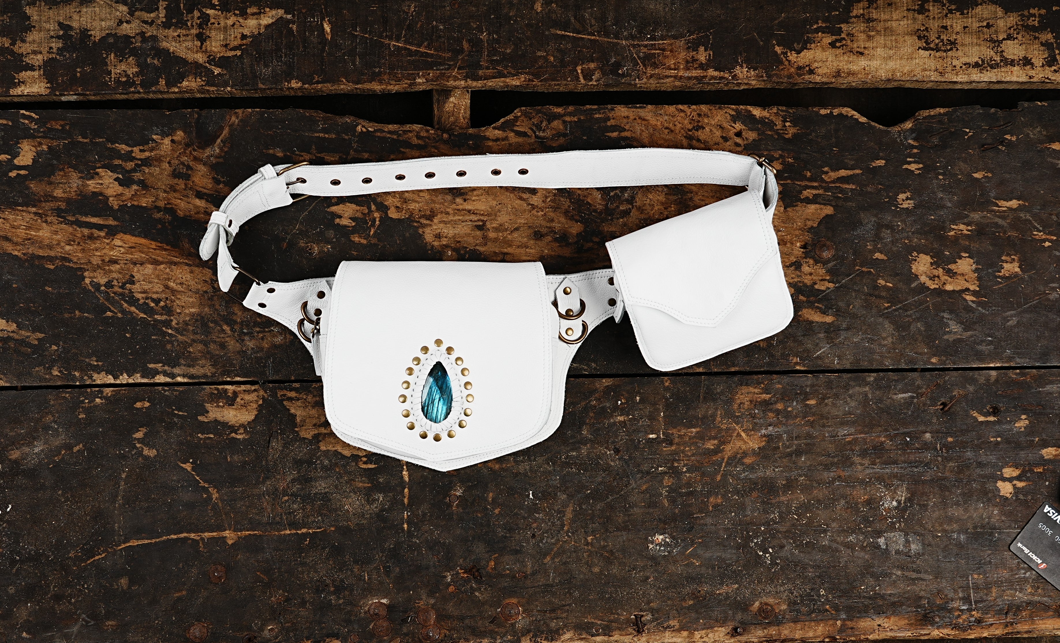White Genuine Leather Waist Belt with Dual Pouches and Teardrop Gem