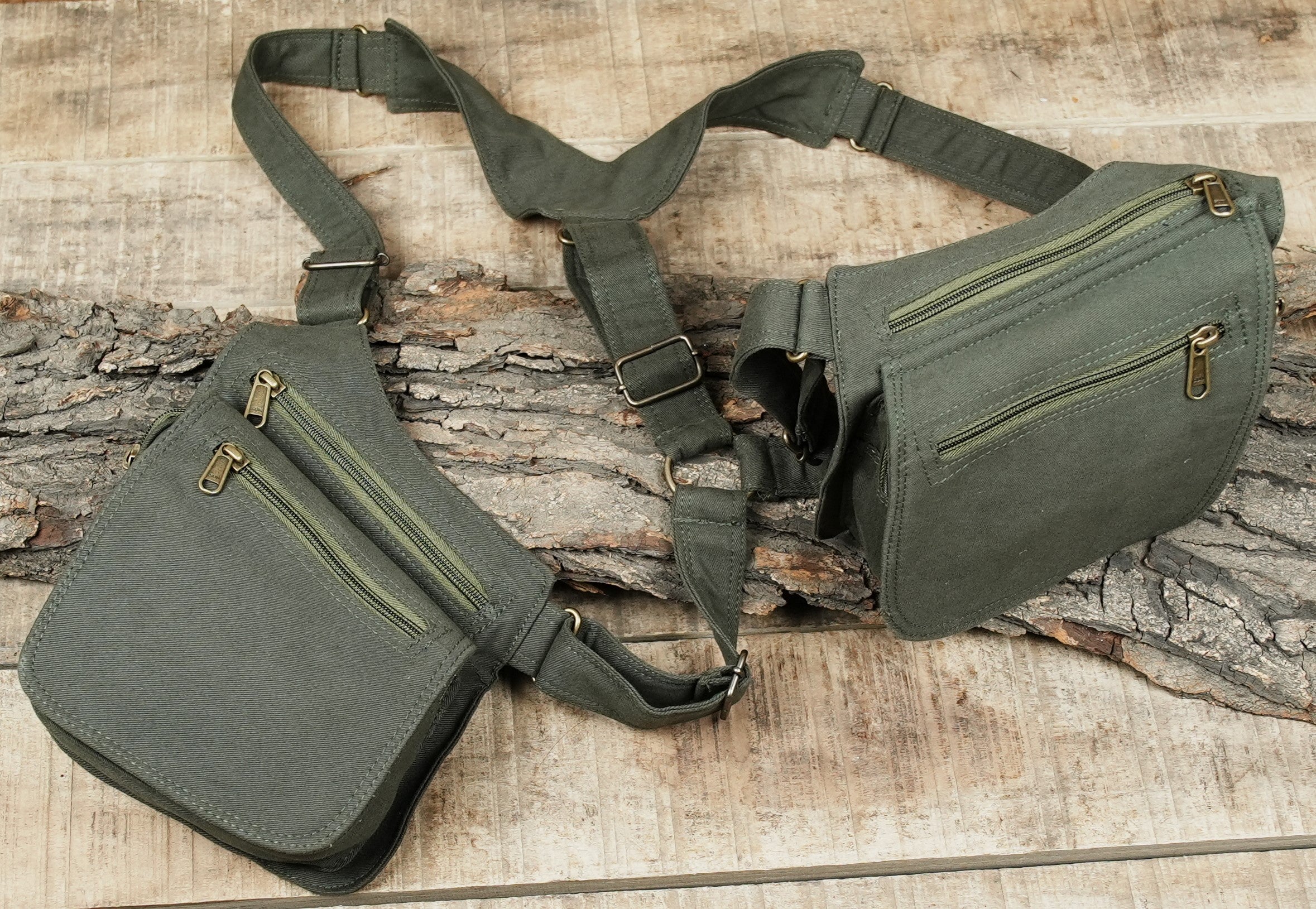 Dark wear aesthetic double shoulder utility pouch crafted by hand in green