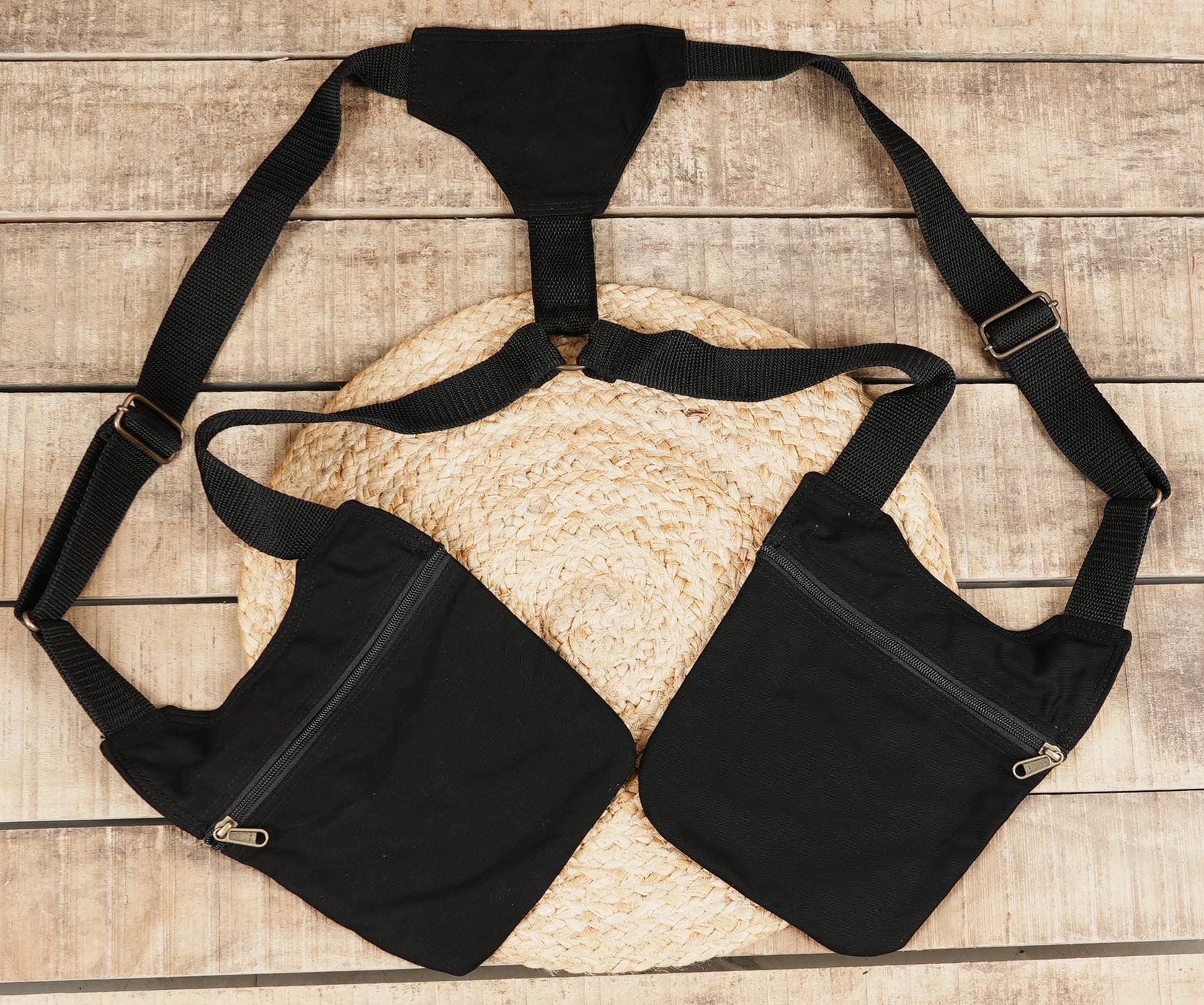 Black double pocket chest bag with zip closures