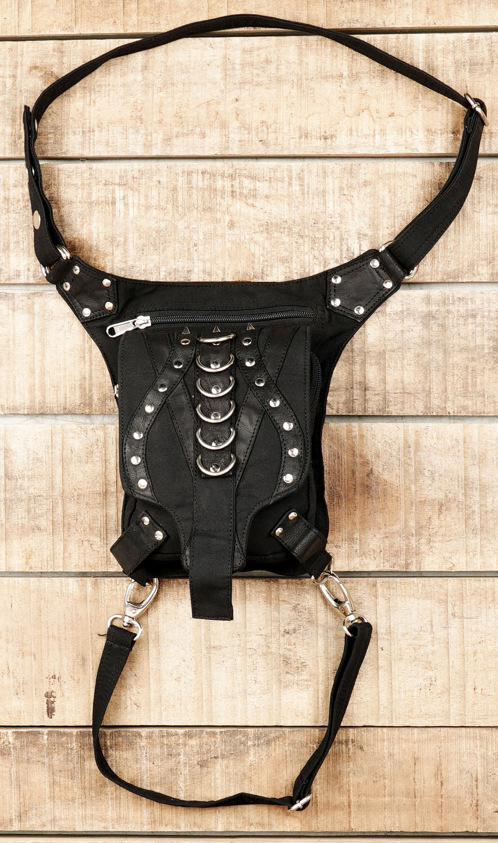 Black cotton canvas drop leg bag with silver metal rings