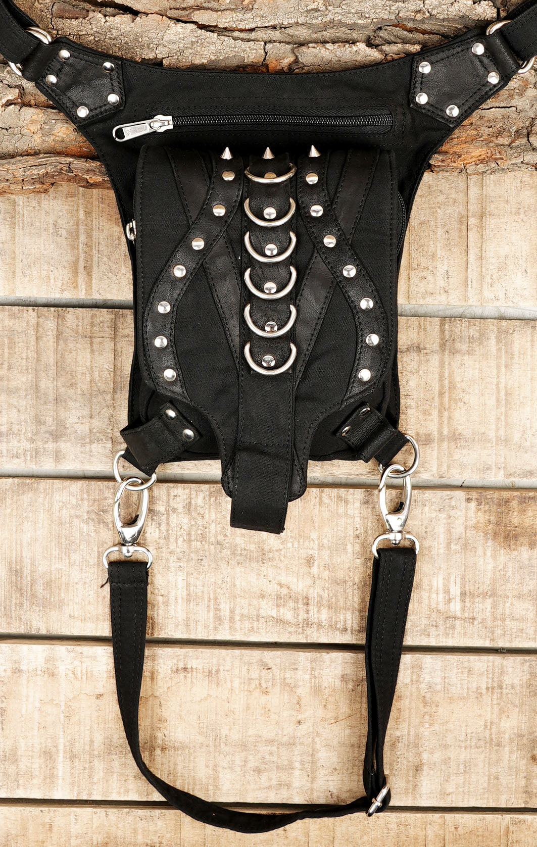 Industrial punk style black canvas drop leg bag