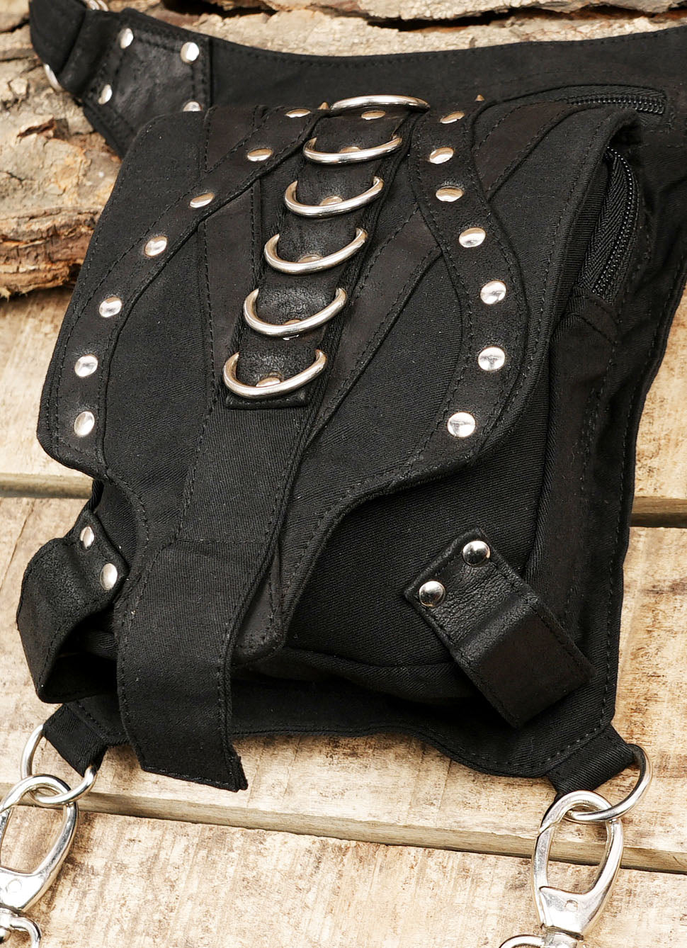 Steampunk style black canvas hip and leg bag