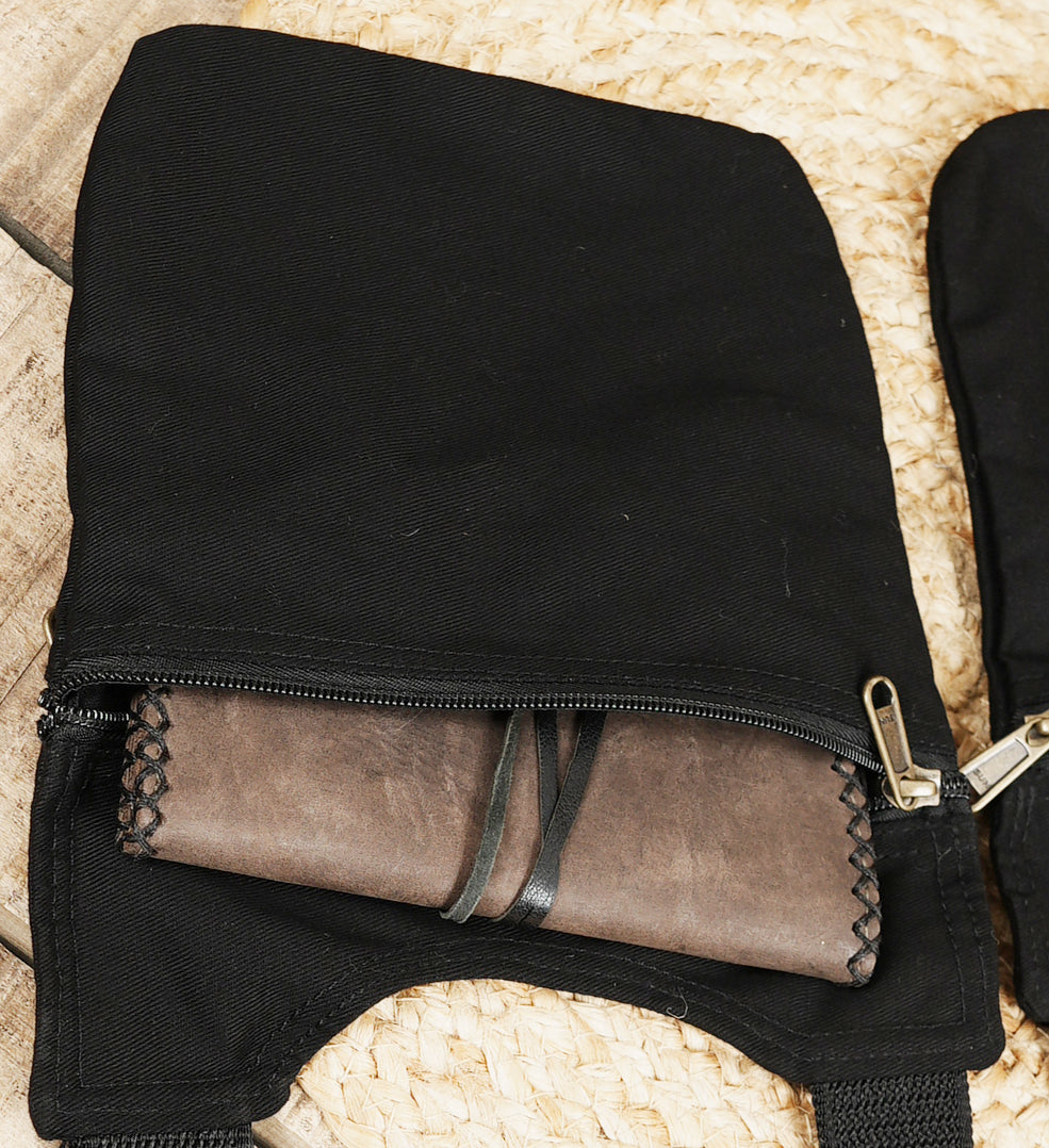 Black utility harness bag with adjustable cotton straps