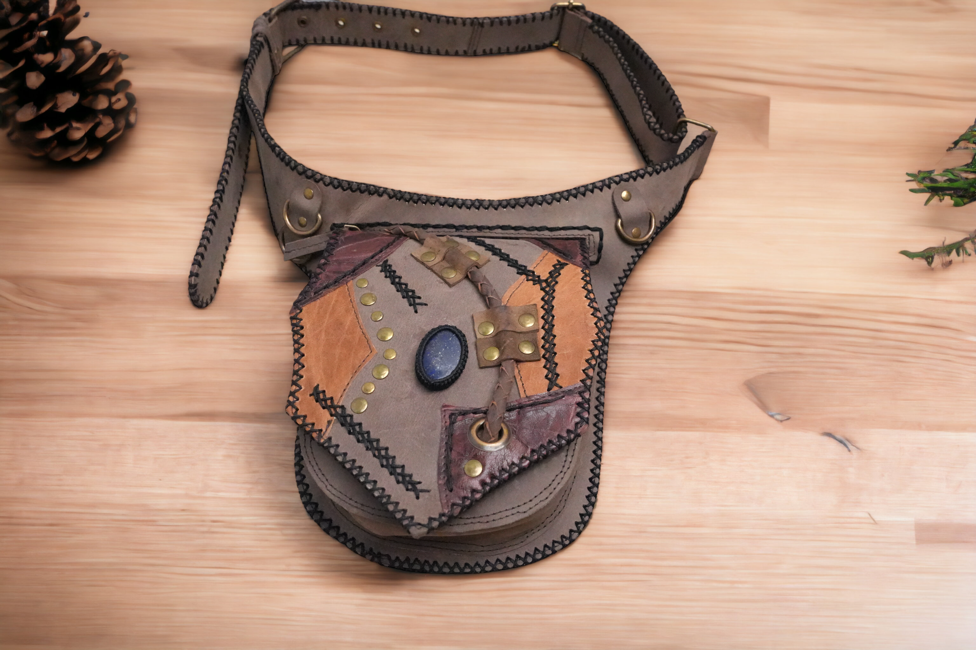 Handmade Steampunk Style Leather Waist Pouch with Gemstone || Boho Patchwork Leather Waist Bag(LT-AB-WB-6026)