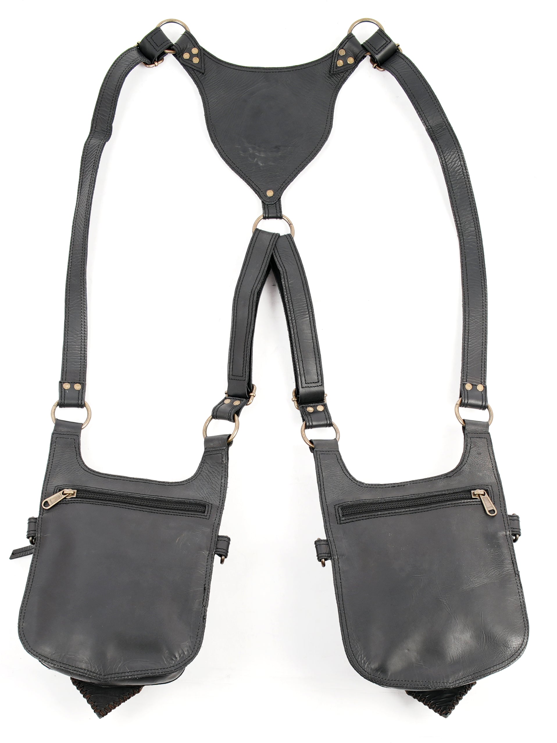 Dual holster bag with brass studs and unique flap design