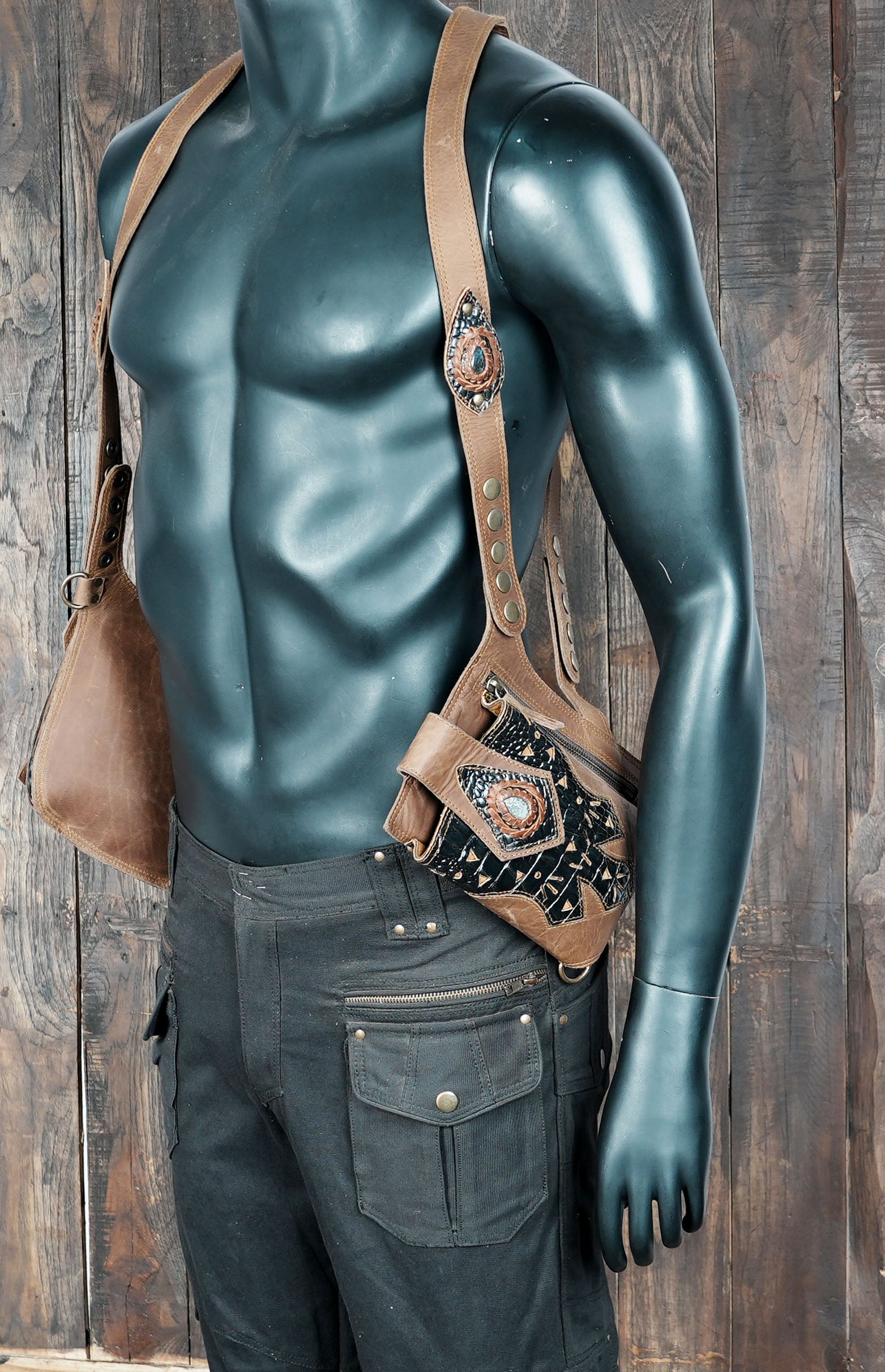 Tribal & Boho Leather Holster Belt with Dual Storage Pouches