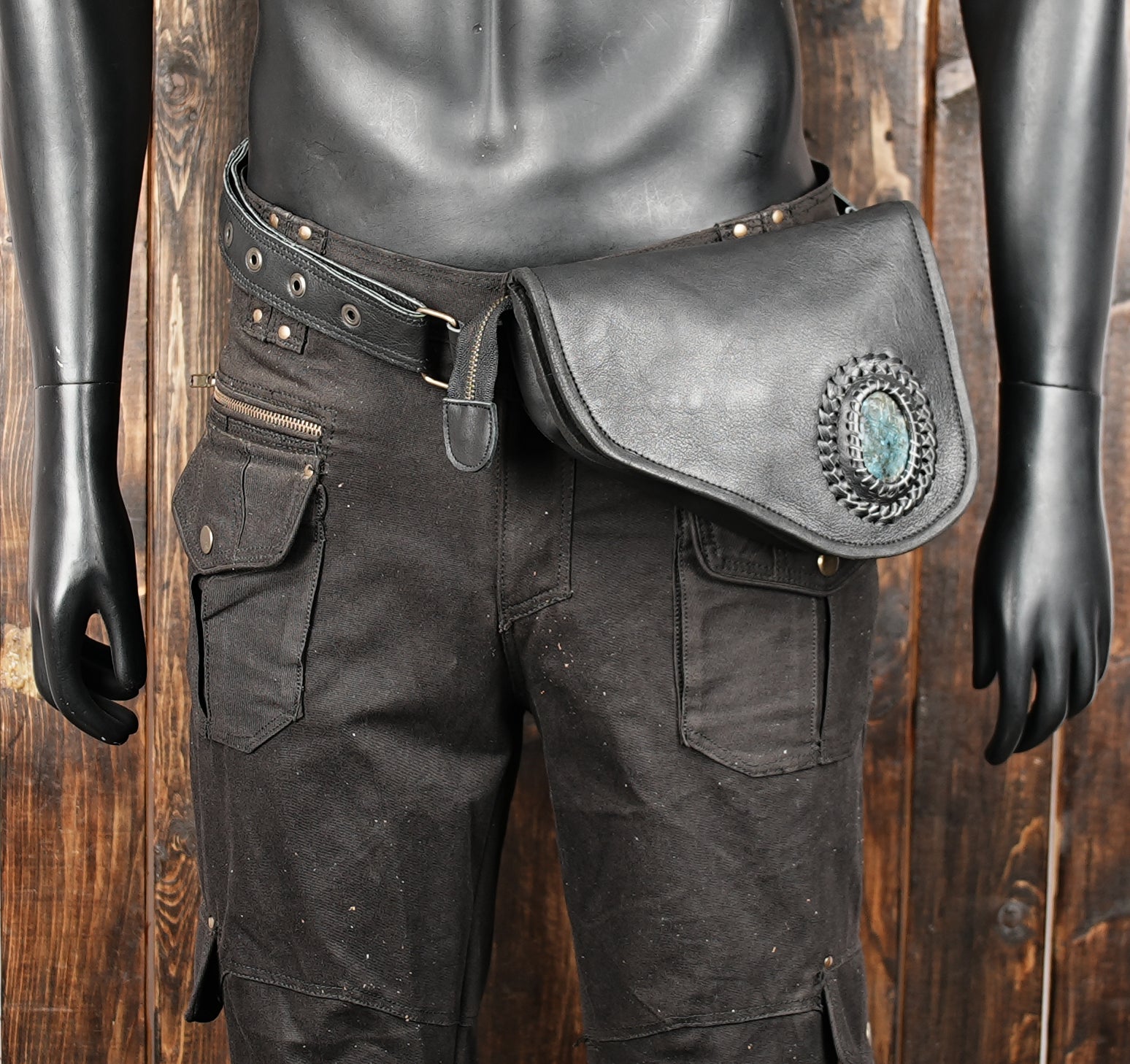 Handmade artisan leather belt bag with gemstone centerpiece