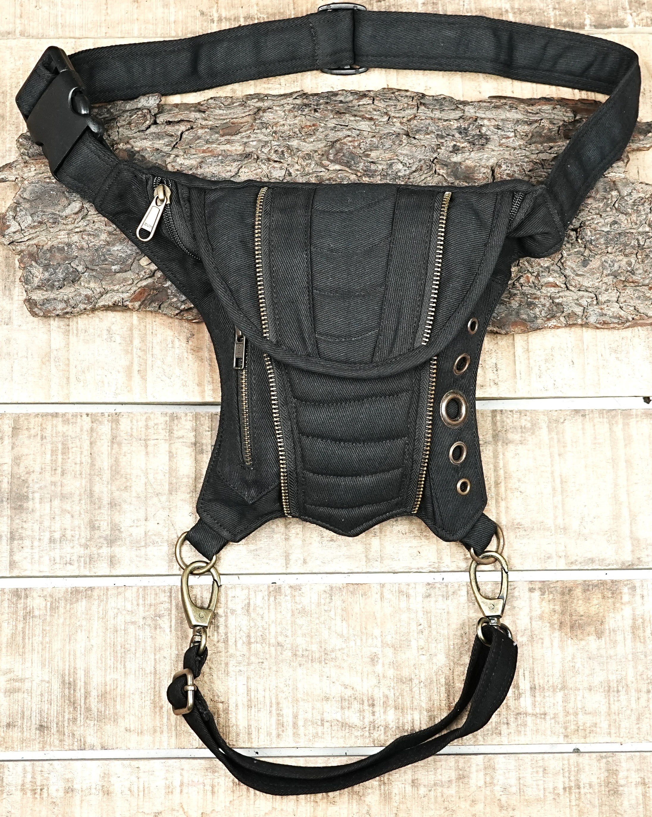 Black steampunk corset drop leg bag with brass grommets