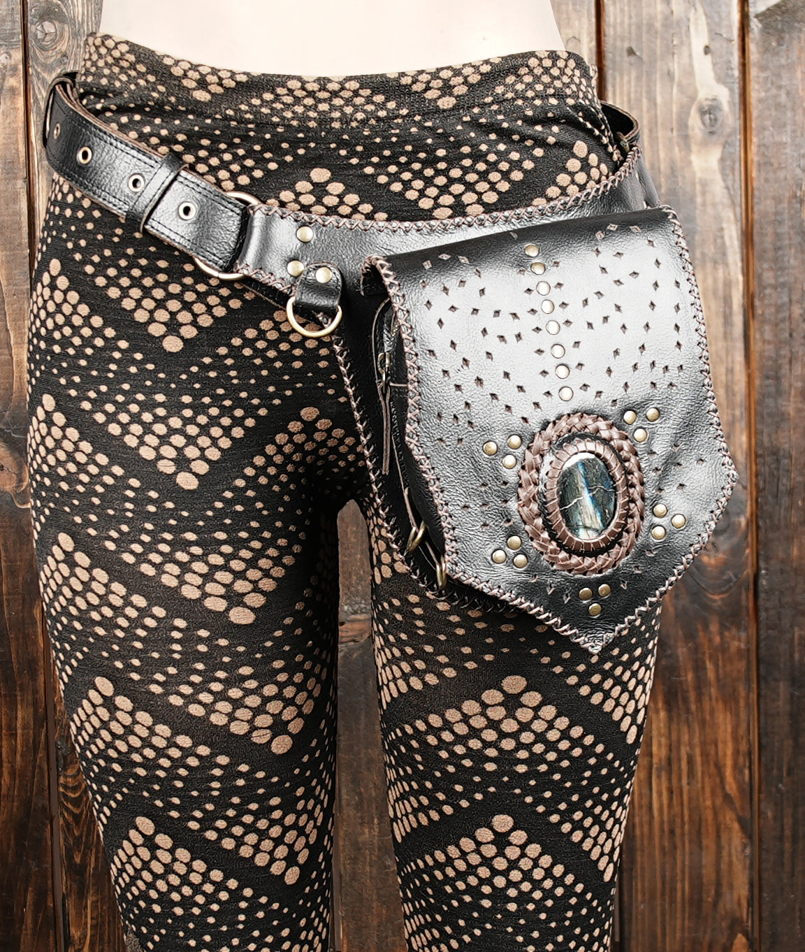 Festival leather waist belt with stone accent and rivets
