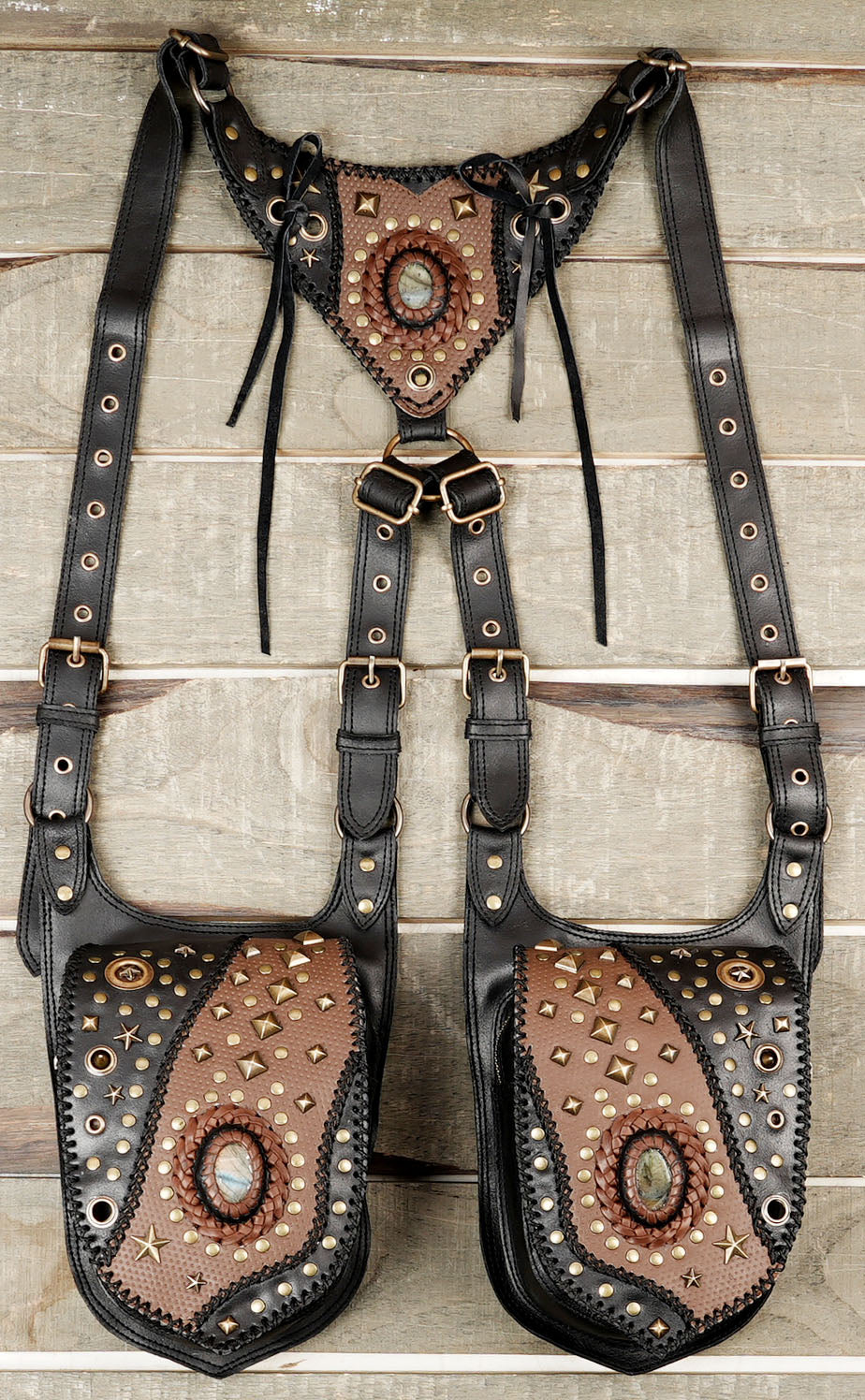 Handmade leather dual holster with gemstone and stud detailing