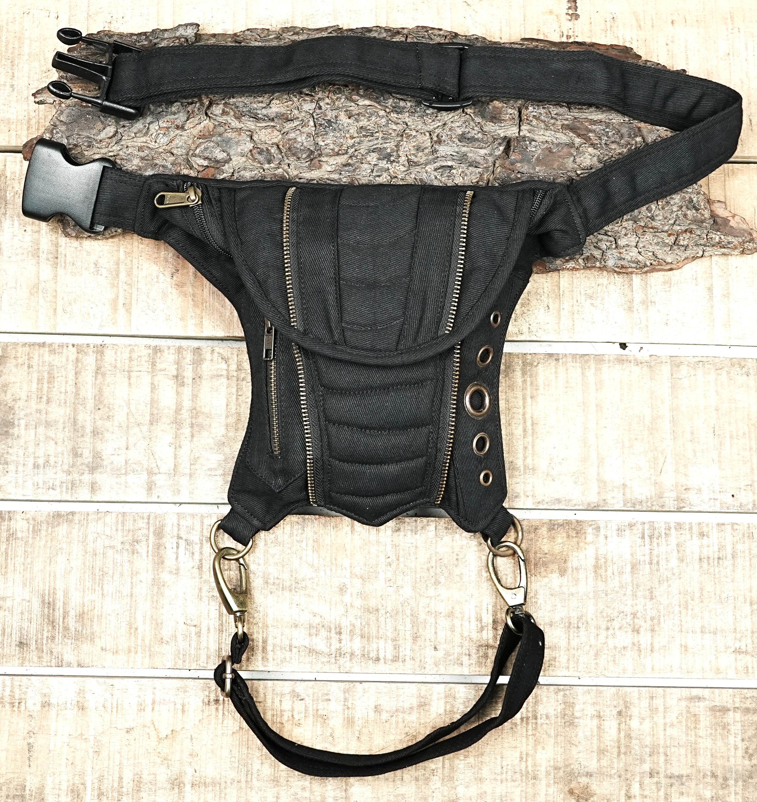 Dark aesthetic waist bag with brass buckle hardware