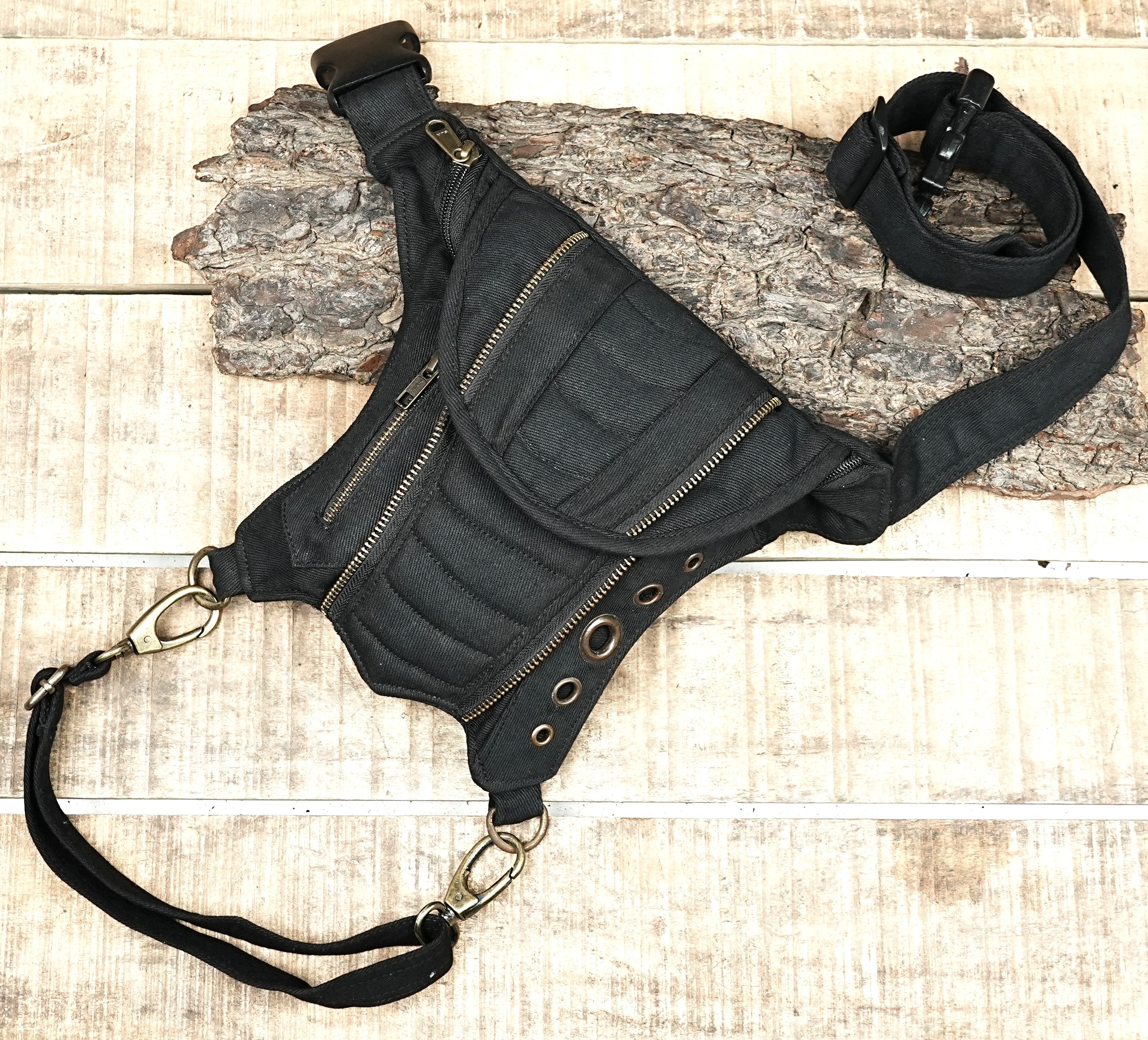 Black steampunk hip bag with quilted panel design