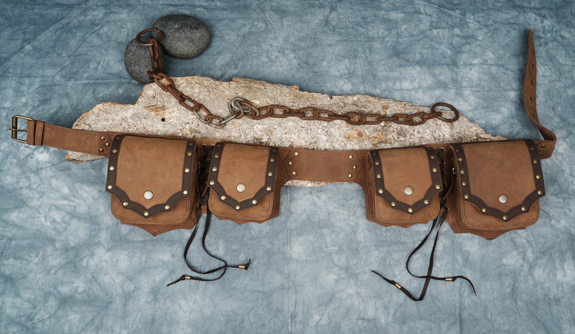 Handmade Leather Utility Belt with Four Pockets || Black and Brown Trim Leather Hip Belt with Secure Buckle  (LT-AB-WB-6091)