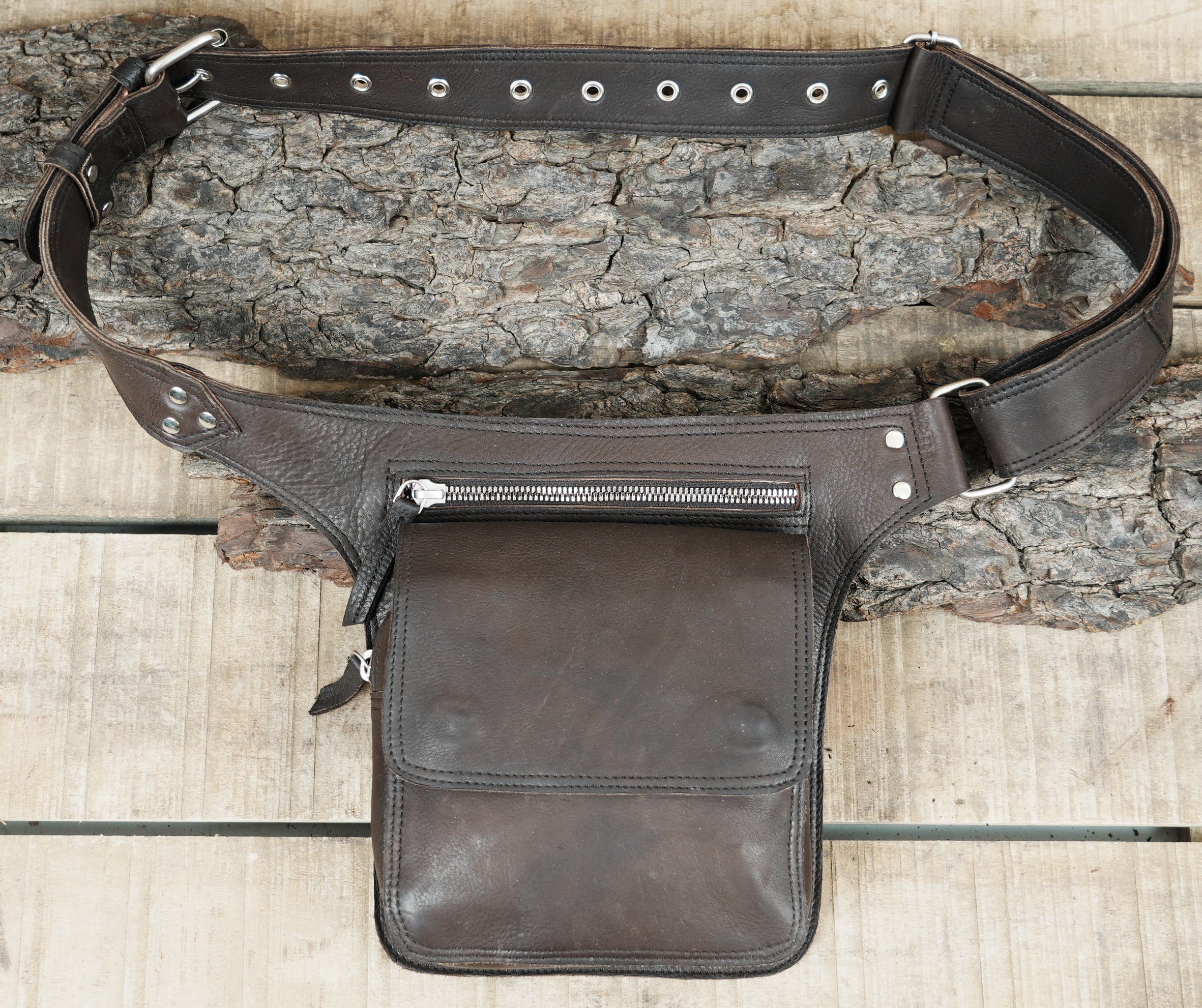 Leather hip belt bag with secure zipper compartment