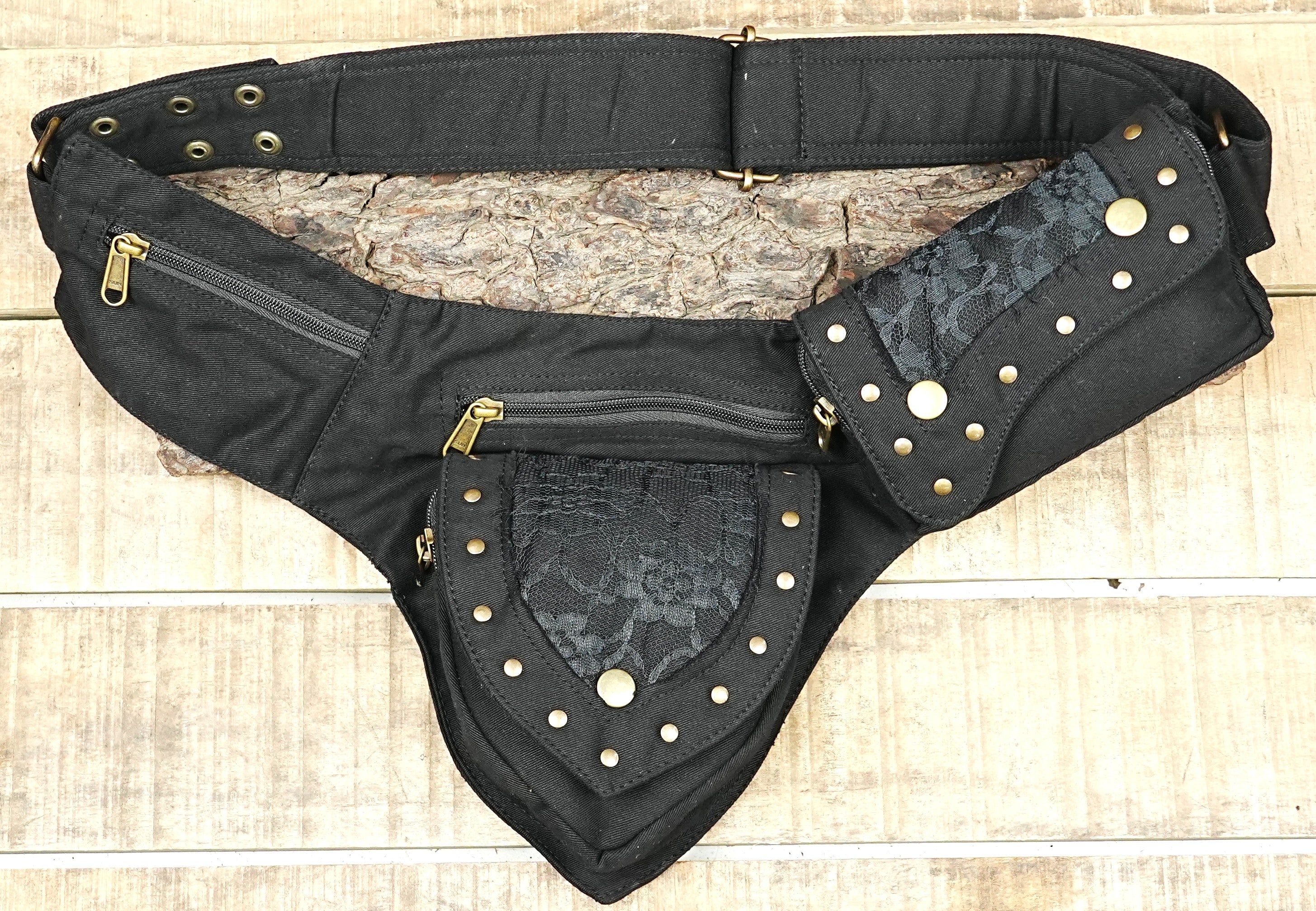 Renaissance fair hip pouch with dark lace accents and metal snap closures