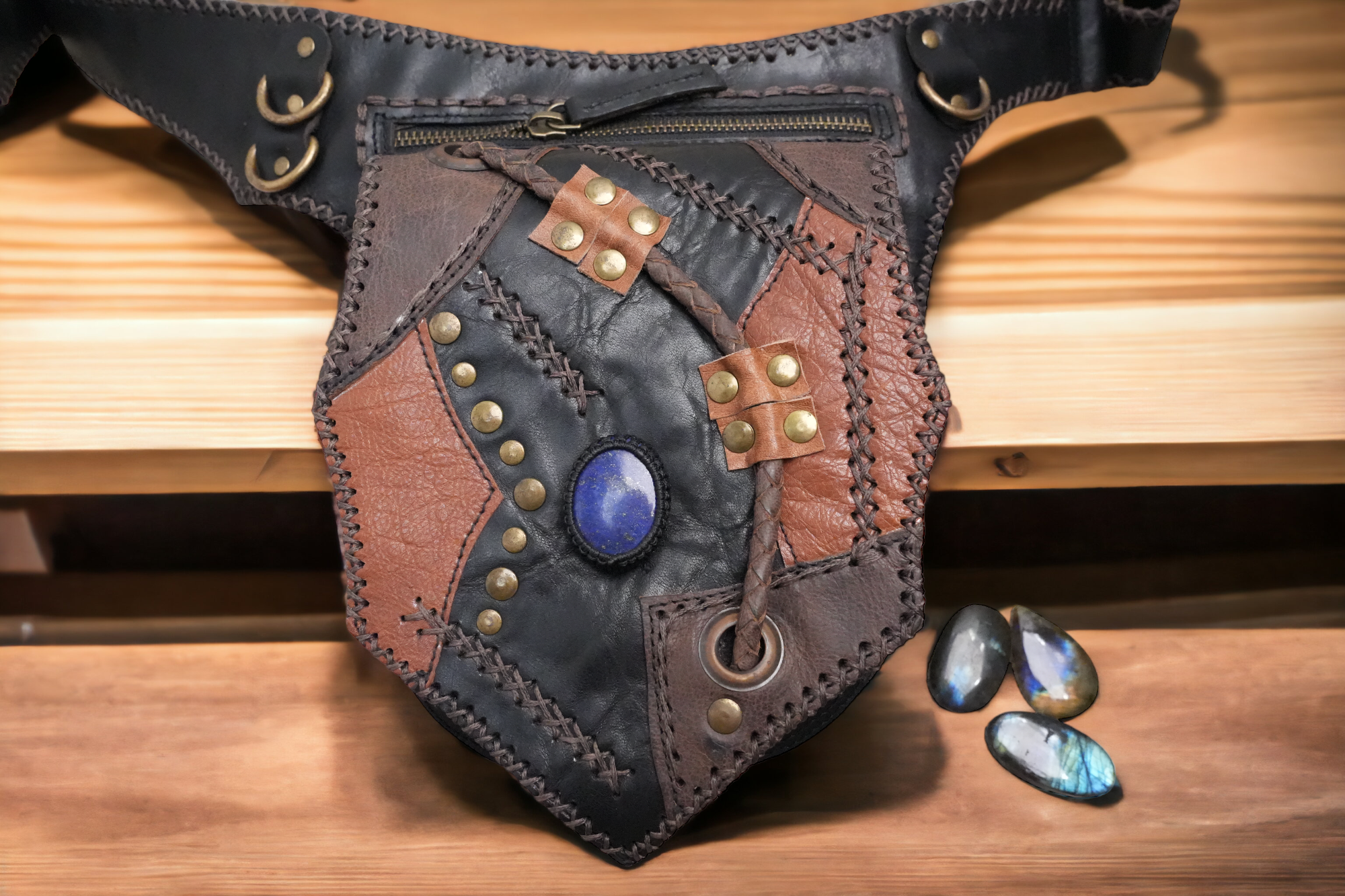 Handmade Steampunk Style Leather Waist Pouch with Gemstone || Boho Patchwork Leather Waist Bag(LT-AB-WB-6026)
