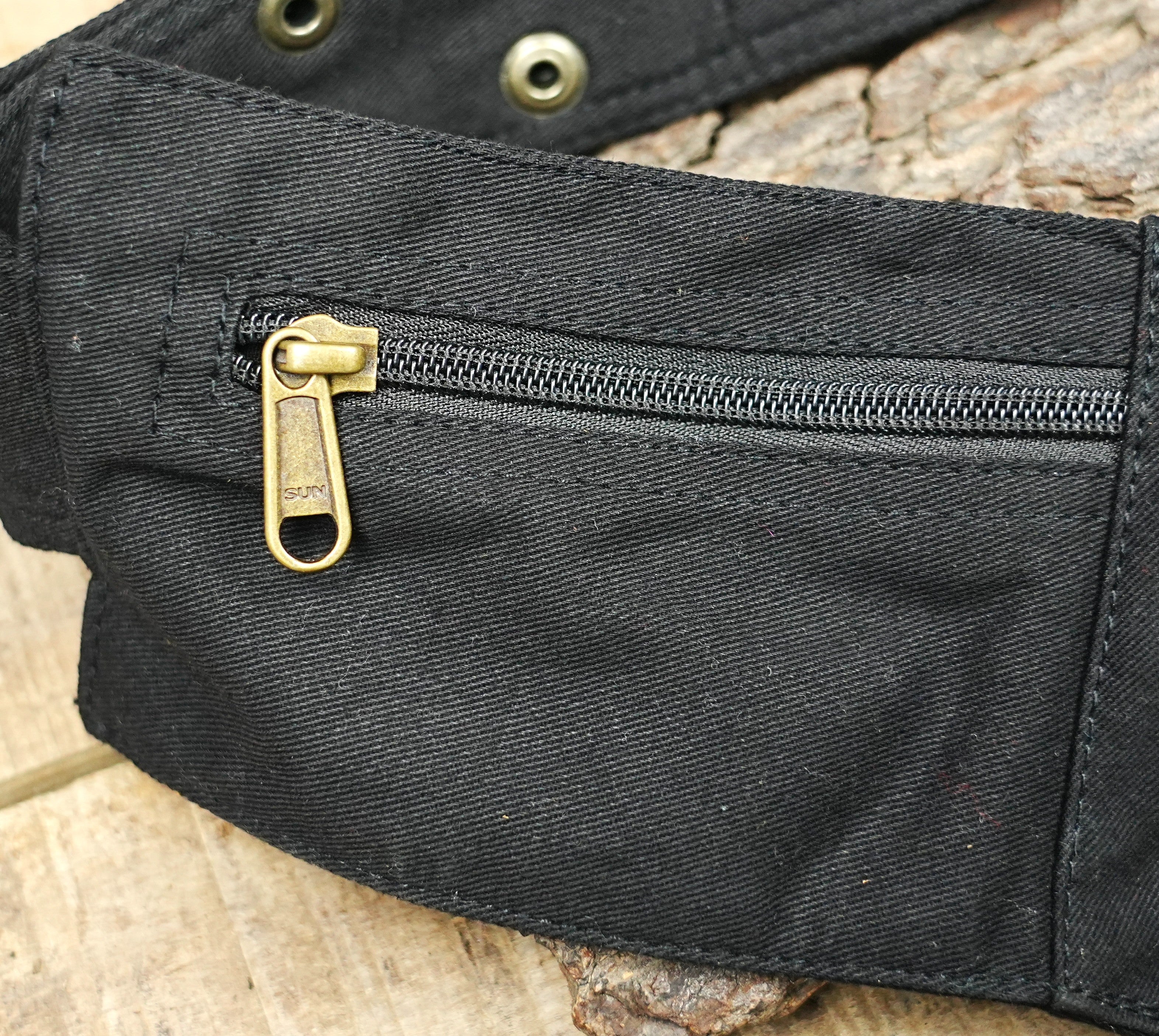 Gothic fairy festival waist pouch with three zippered compartments and metal studs