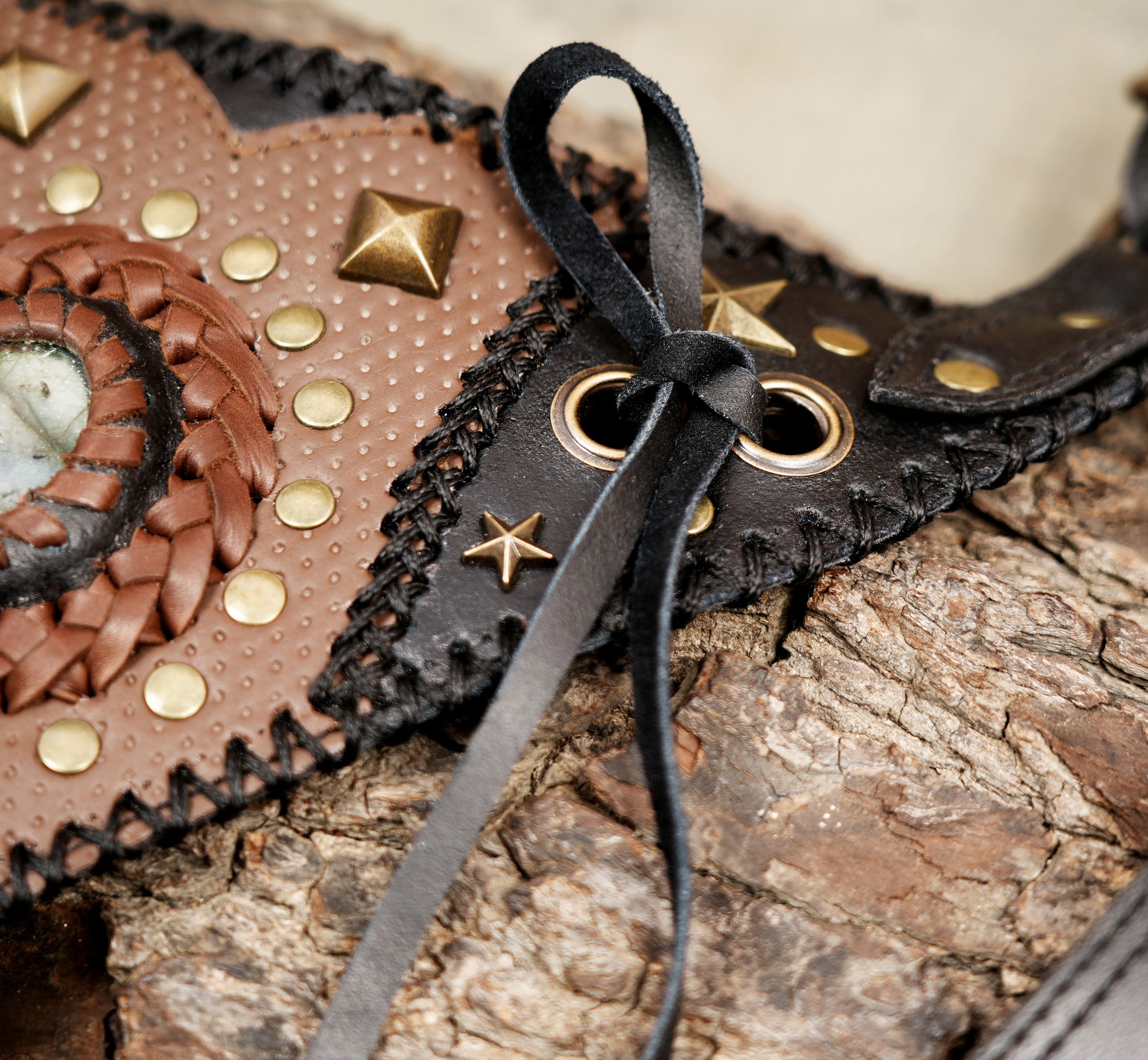 Genuine leather dual pouch holster with decorative metal accents