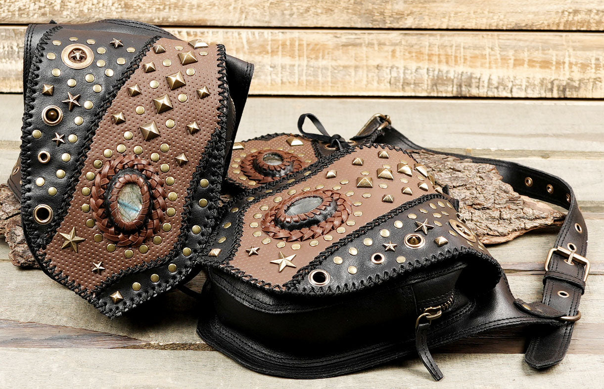 Handmade Leather Dual Holster with Gemstone Stud Design || Steampunk Leather Holster Bag with Decorative Stone Detail (LT/AB/HLS/6077)