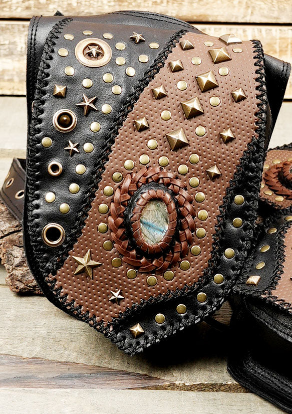 Premium black and brown leather holster harness with stone centerpiece