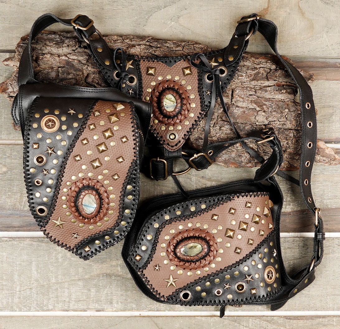 Decorative leather dual holster with natural stone centerpiece