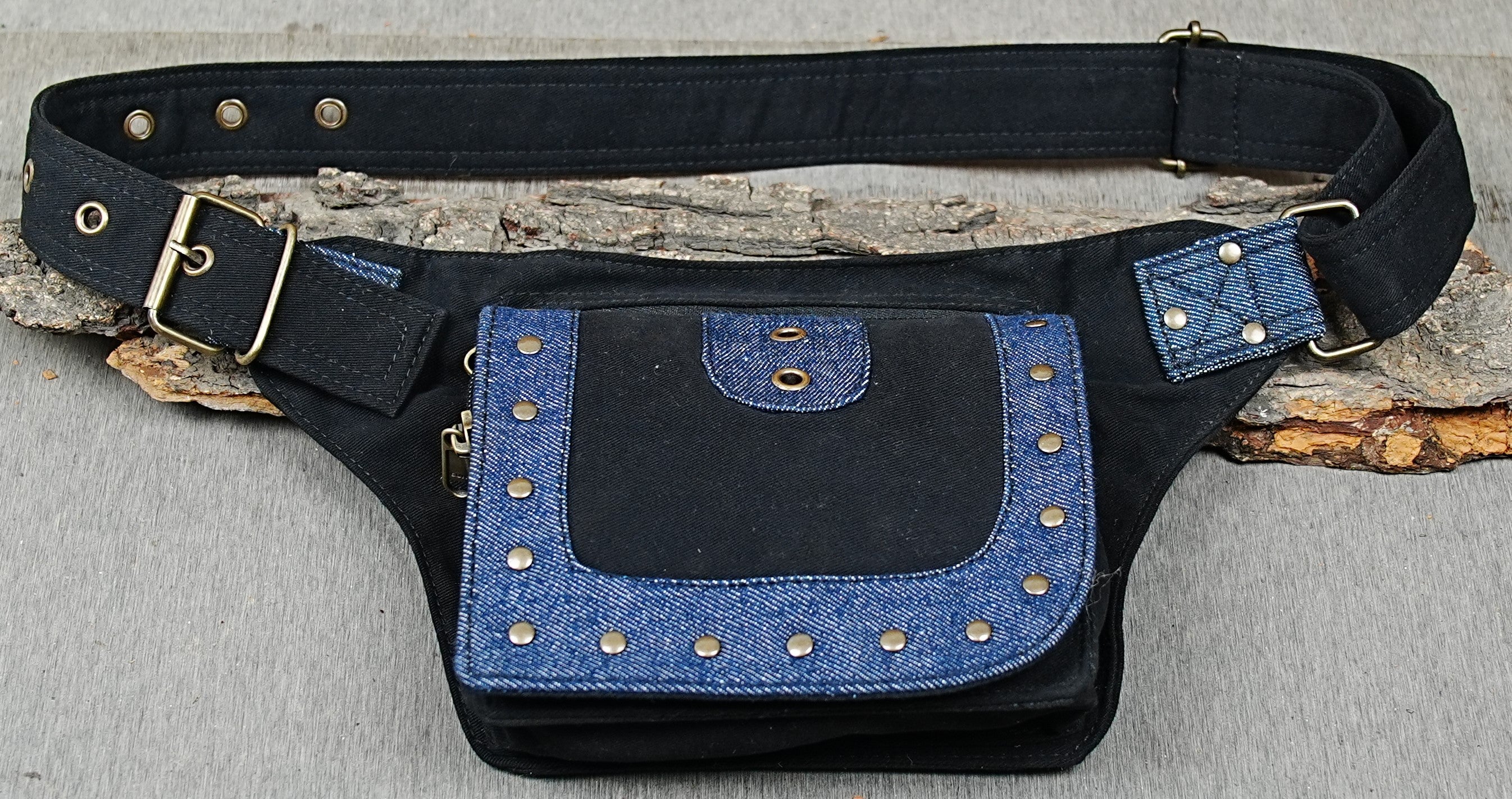 Edgy punk waist pack in black canvas with denim border and studs