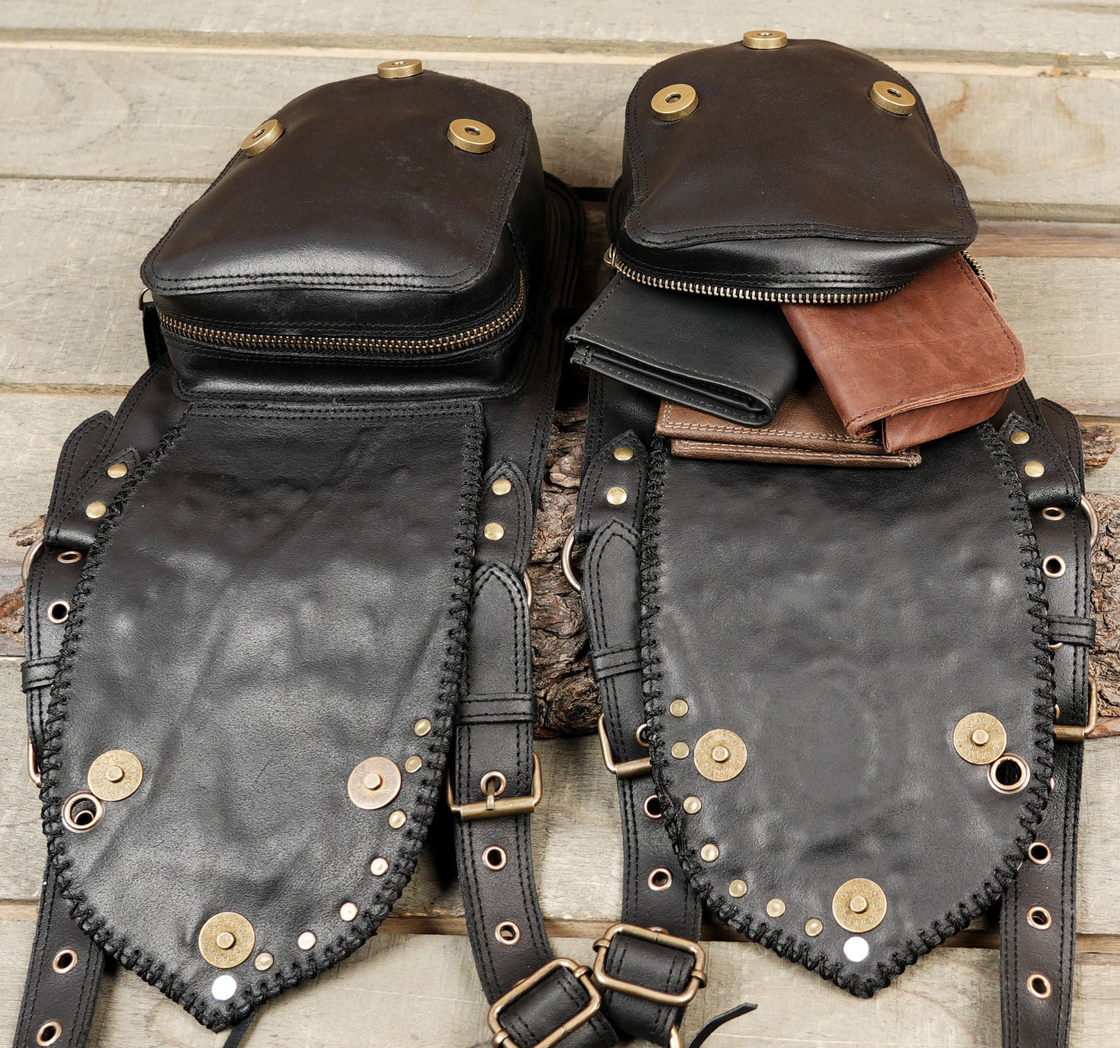 Gothic leather holster bag with gemstone and brass hardware