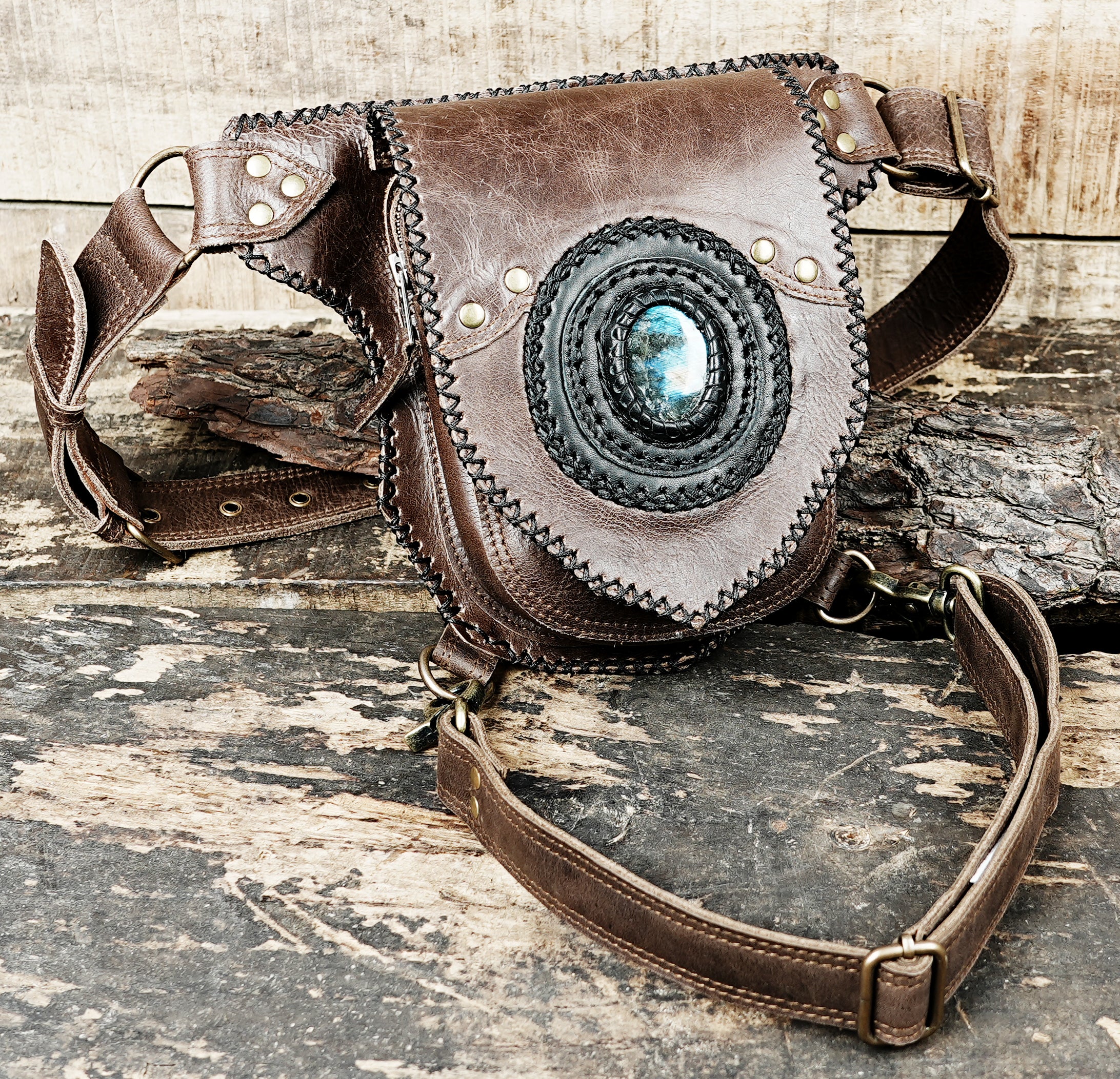 Tribal inspired leather waist thigh belt with stone detailing