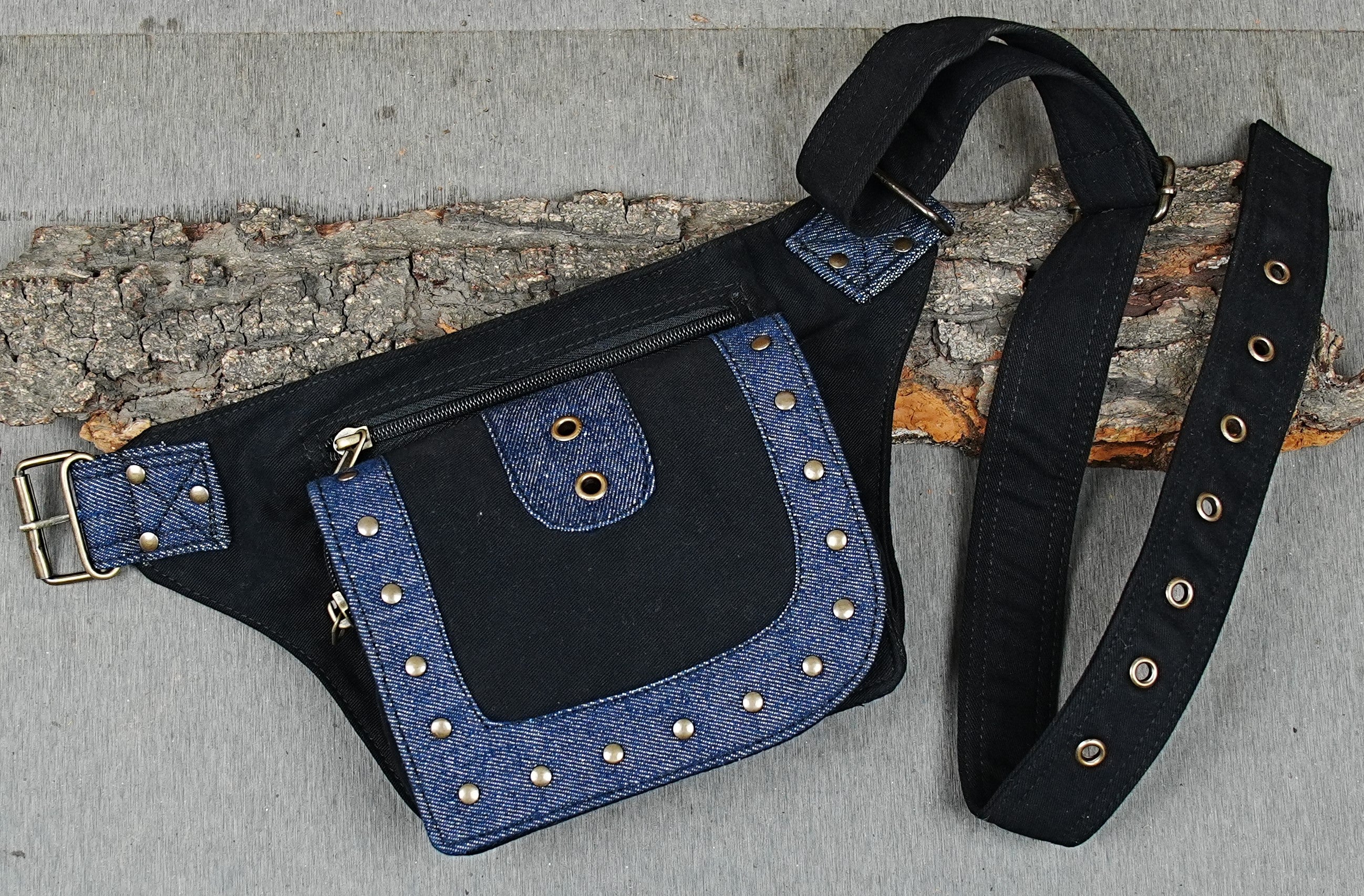 Alternative rave fanny pack with brass roller buckle and zip compartments