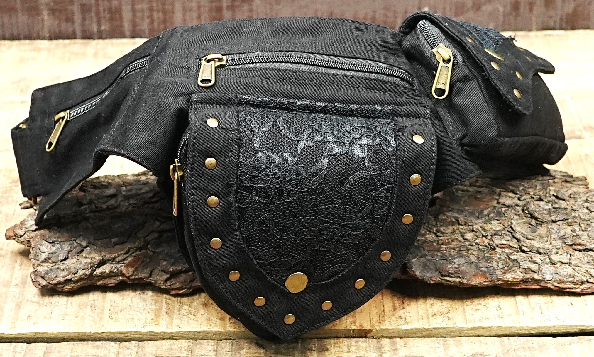 Steampunk canvas pocket belt with brass hardware and adjustable slide buckle