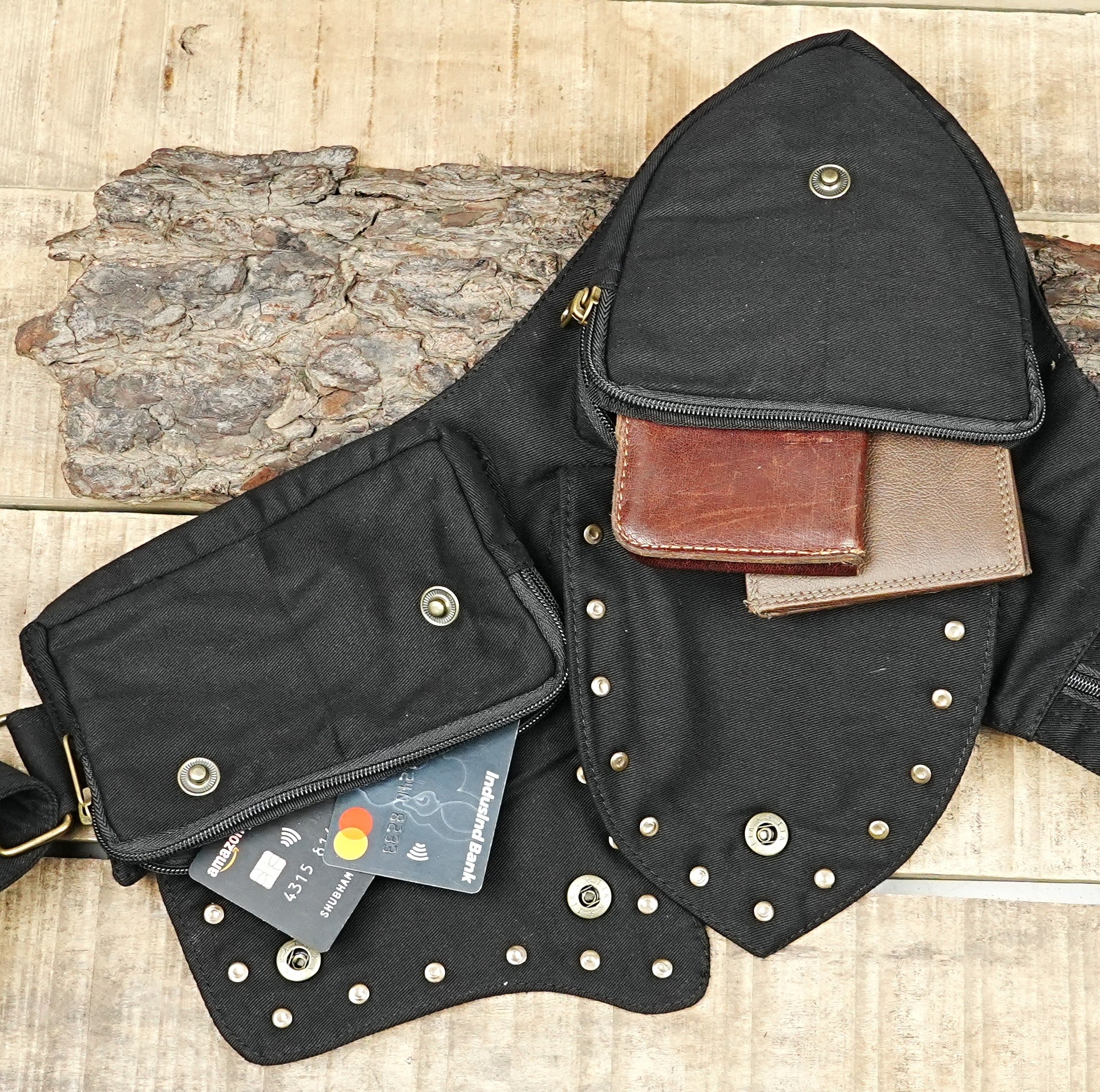 Witchy gothic waist pouch with dark floral lace trim for raves and concerts