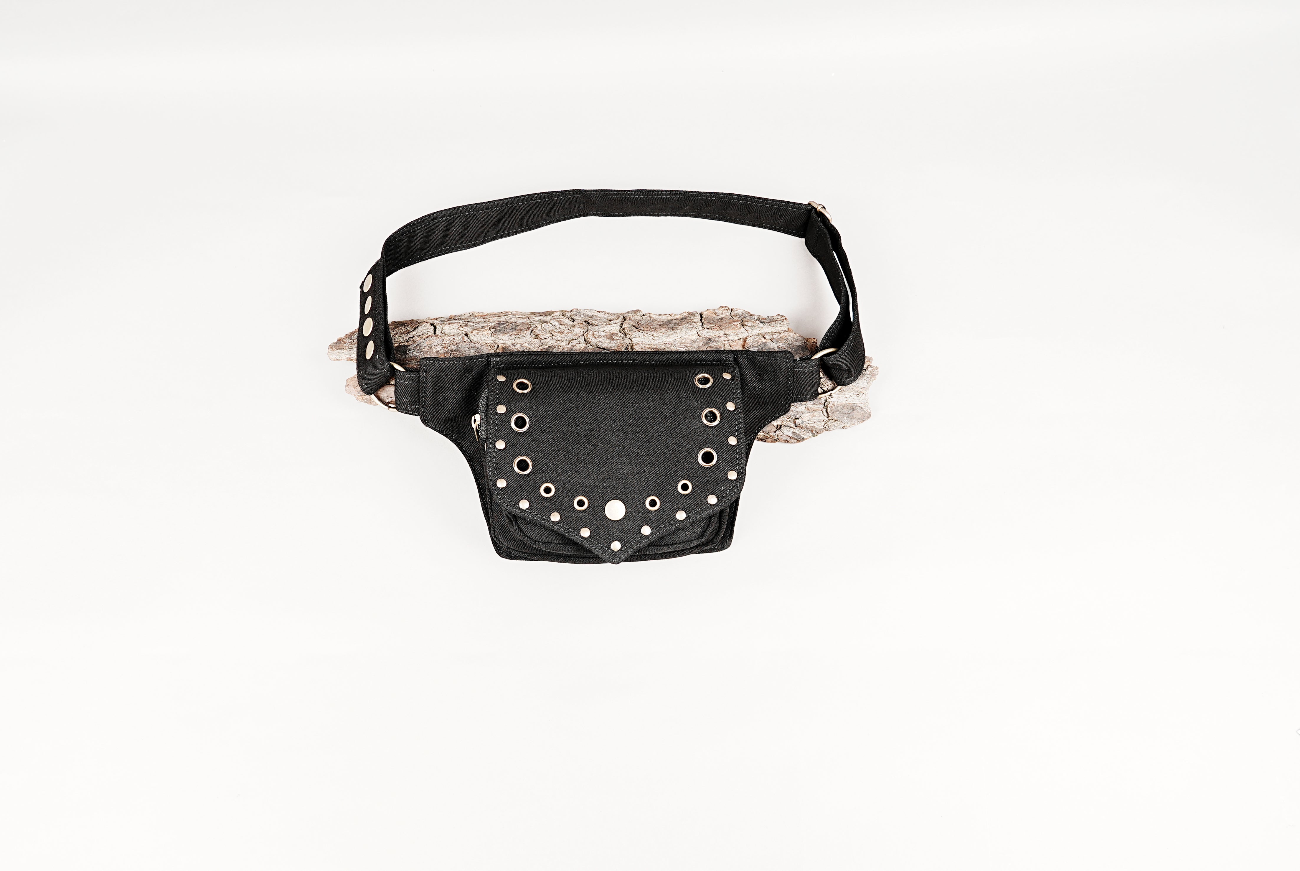 Punk style belt bag with silver studs and adjustable strap