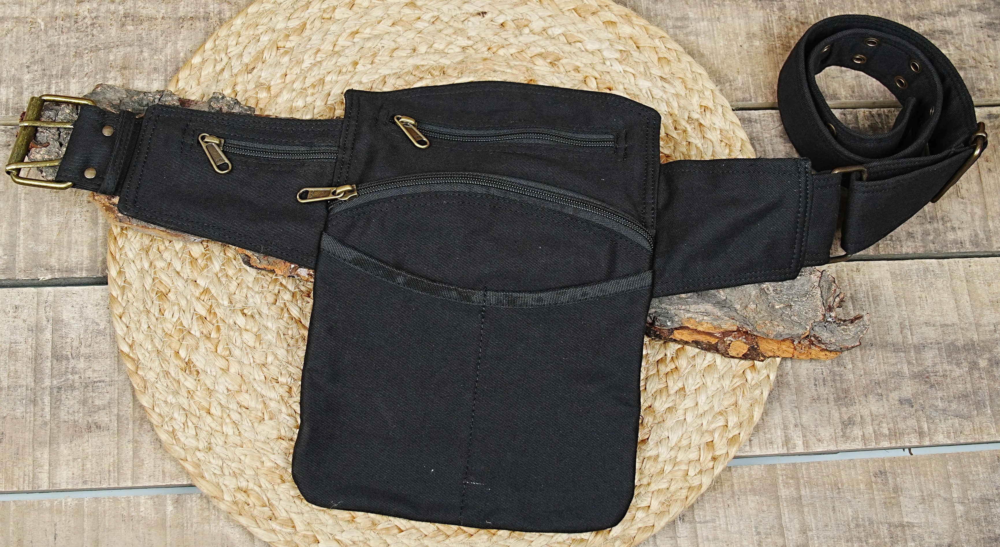 Multi-pocket black canvas money belt for travel