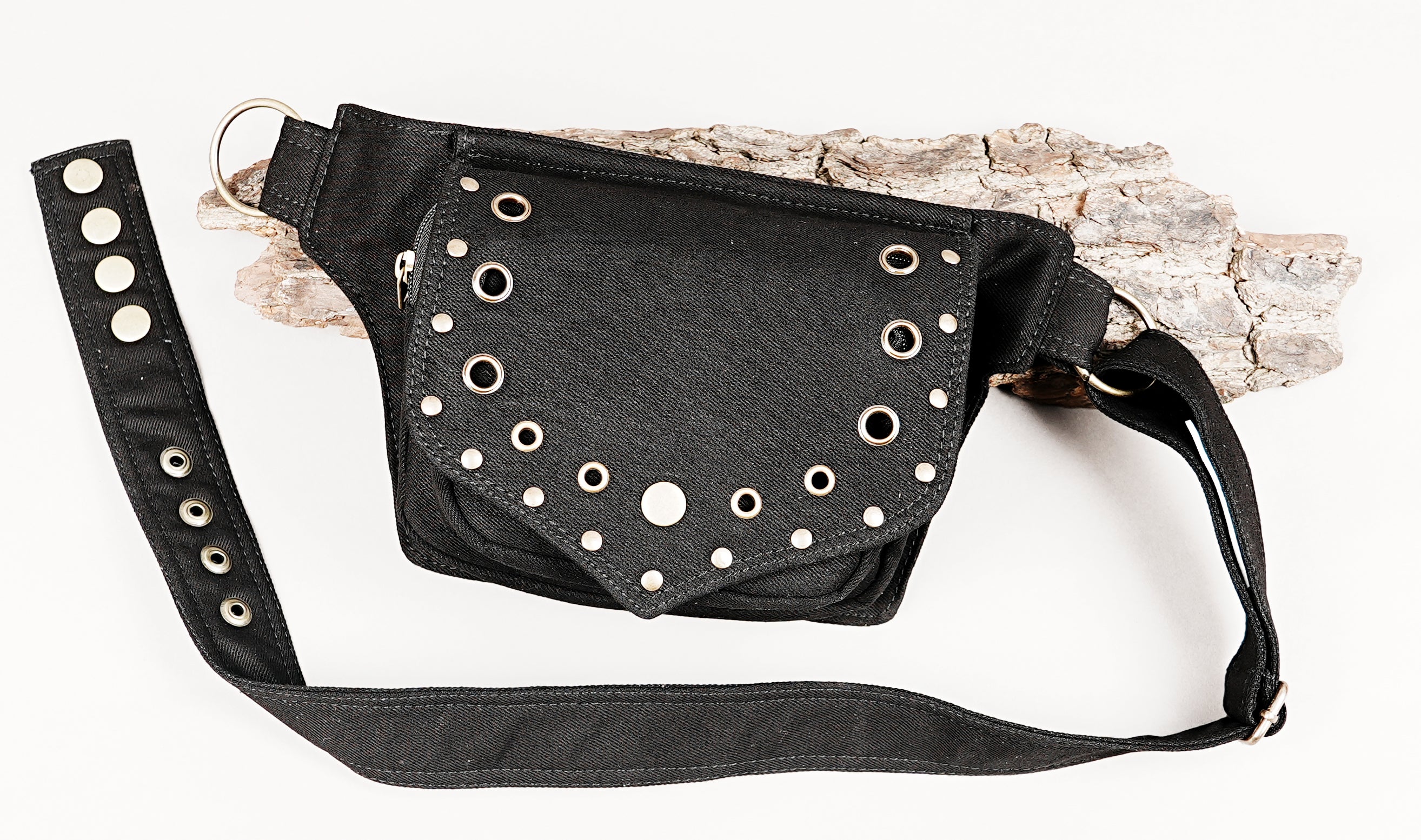 Silver studded black canvas fanny pack with grommet detail