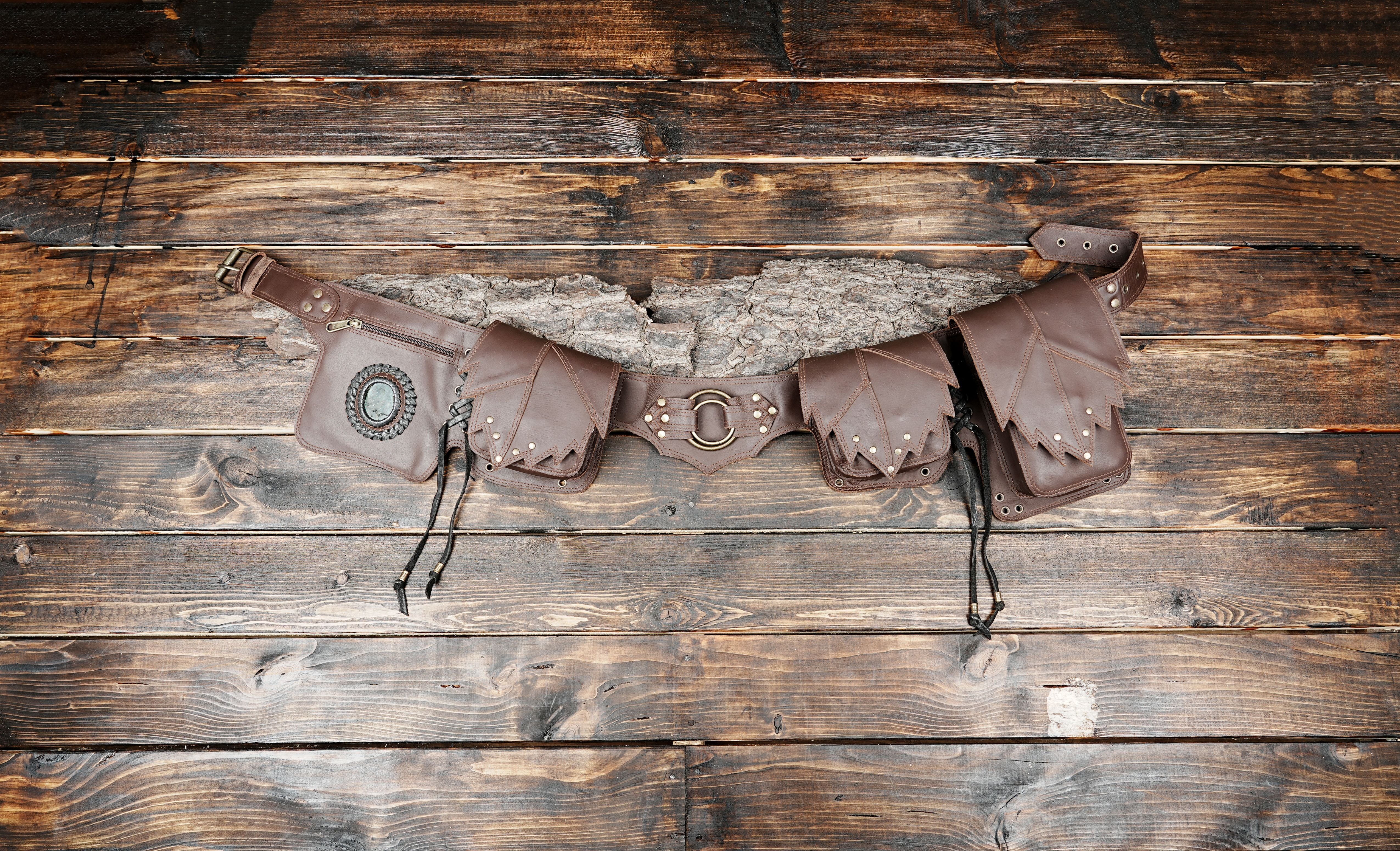 Steampunk style leather utility belt with handcrafted pouches