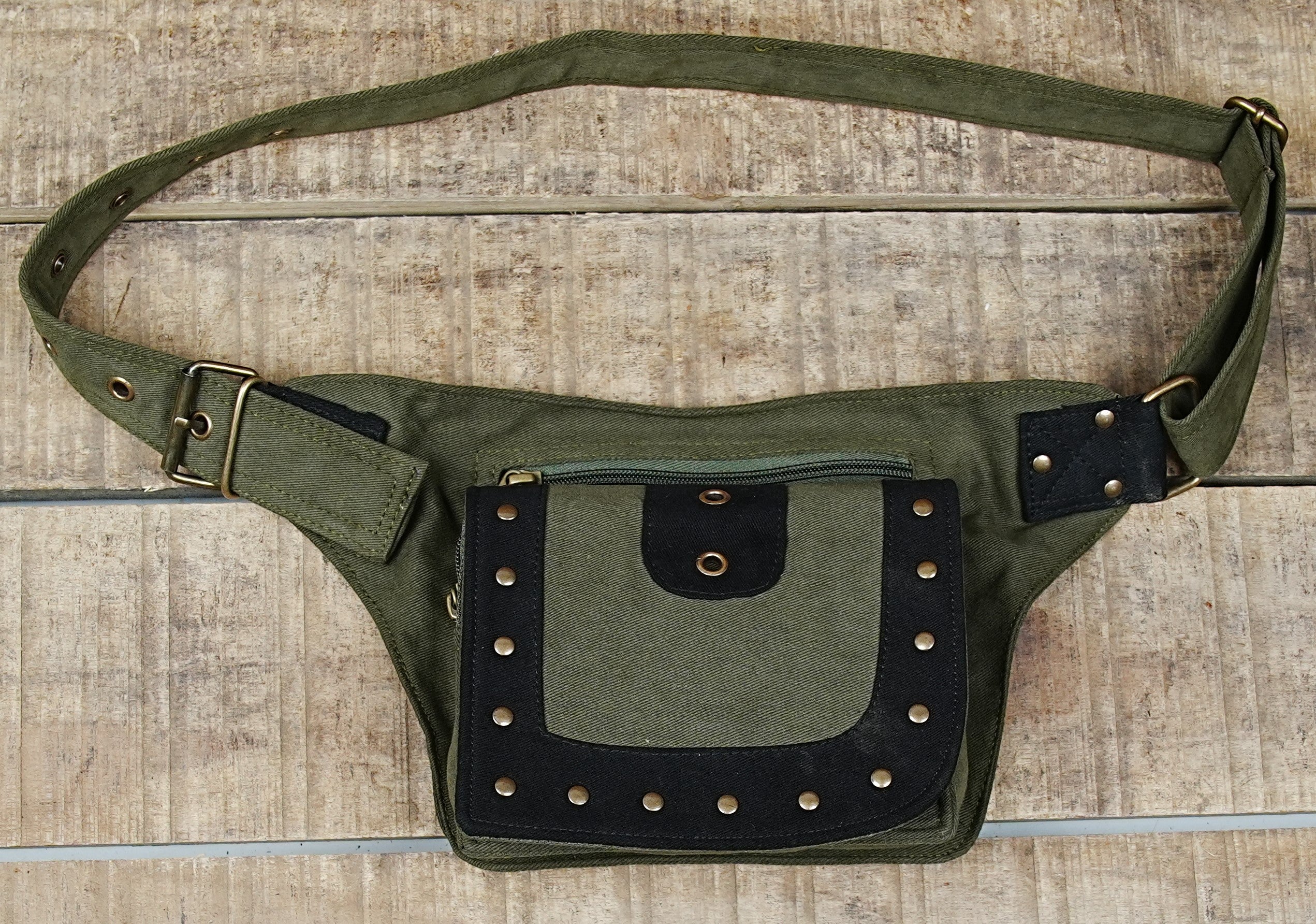 Gothic festival hip bag in washed canvas with studded pocket accents