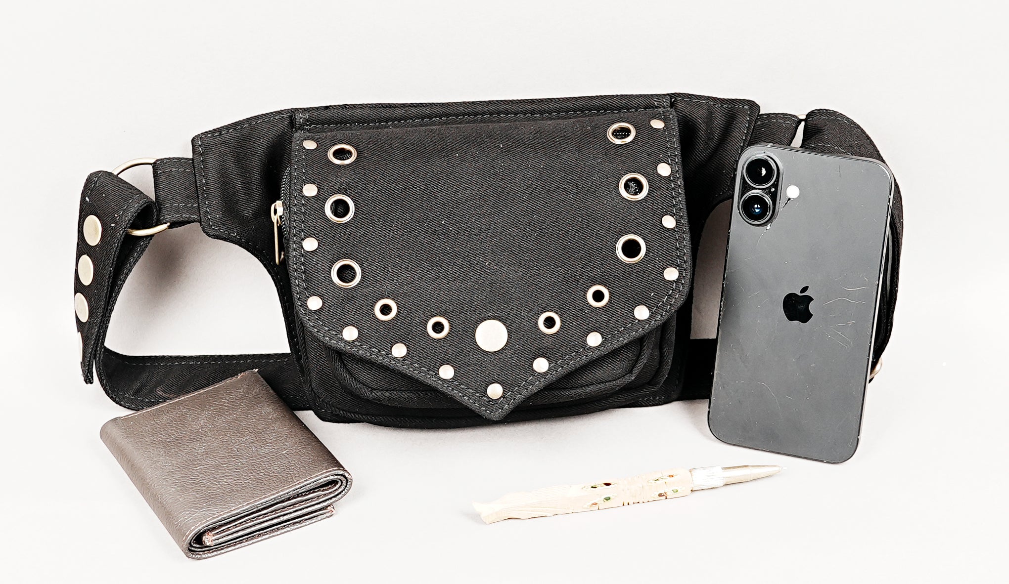 Rave fashion belt bag with silver stud pattern