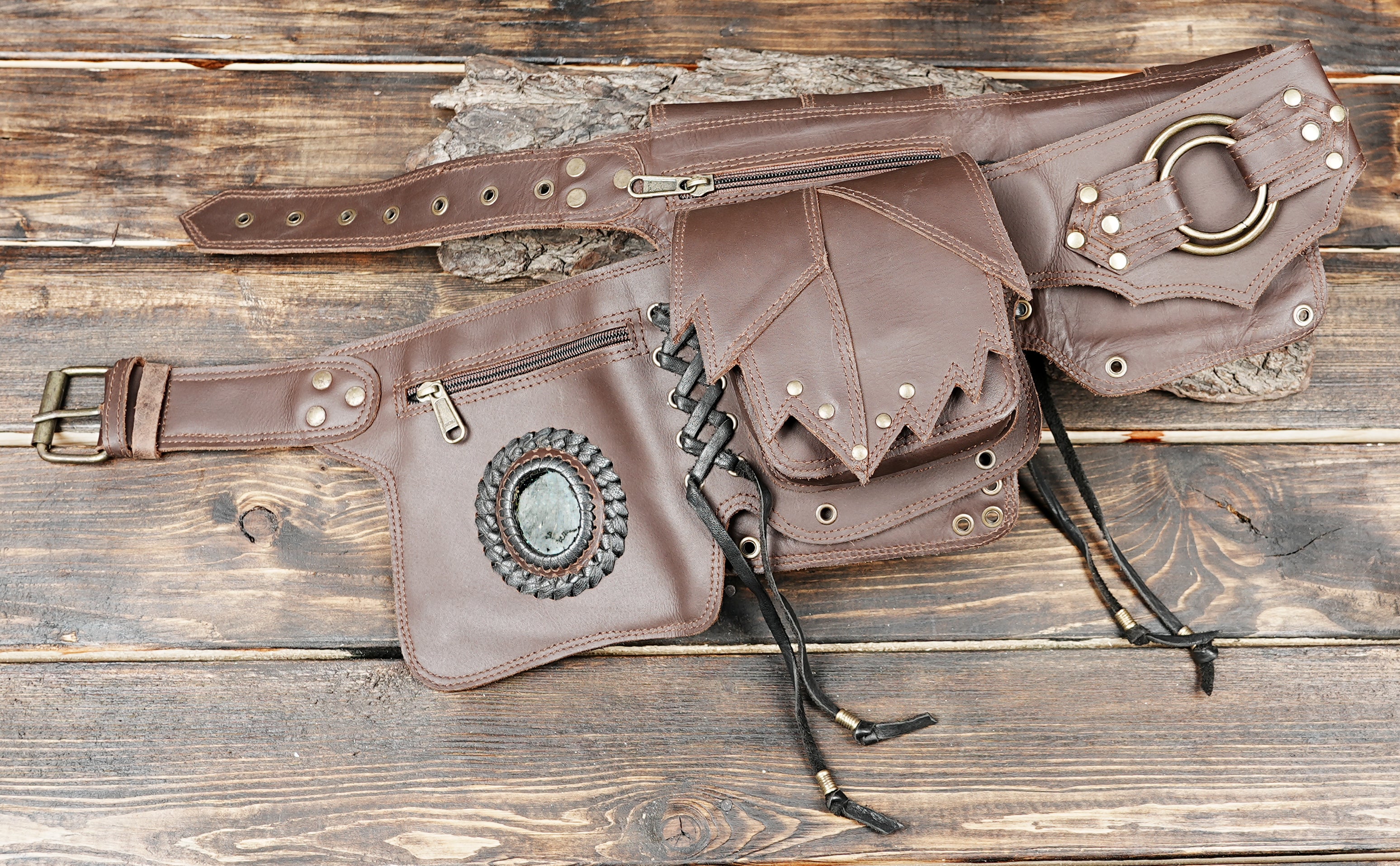 Handcrafted multi-pocket leather belt bag with rustic steampunk look
