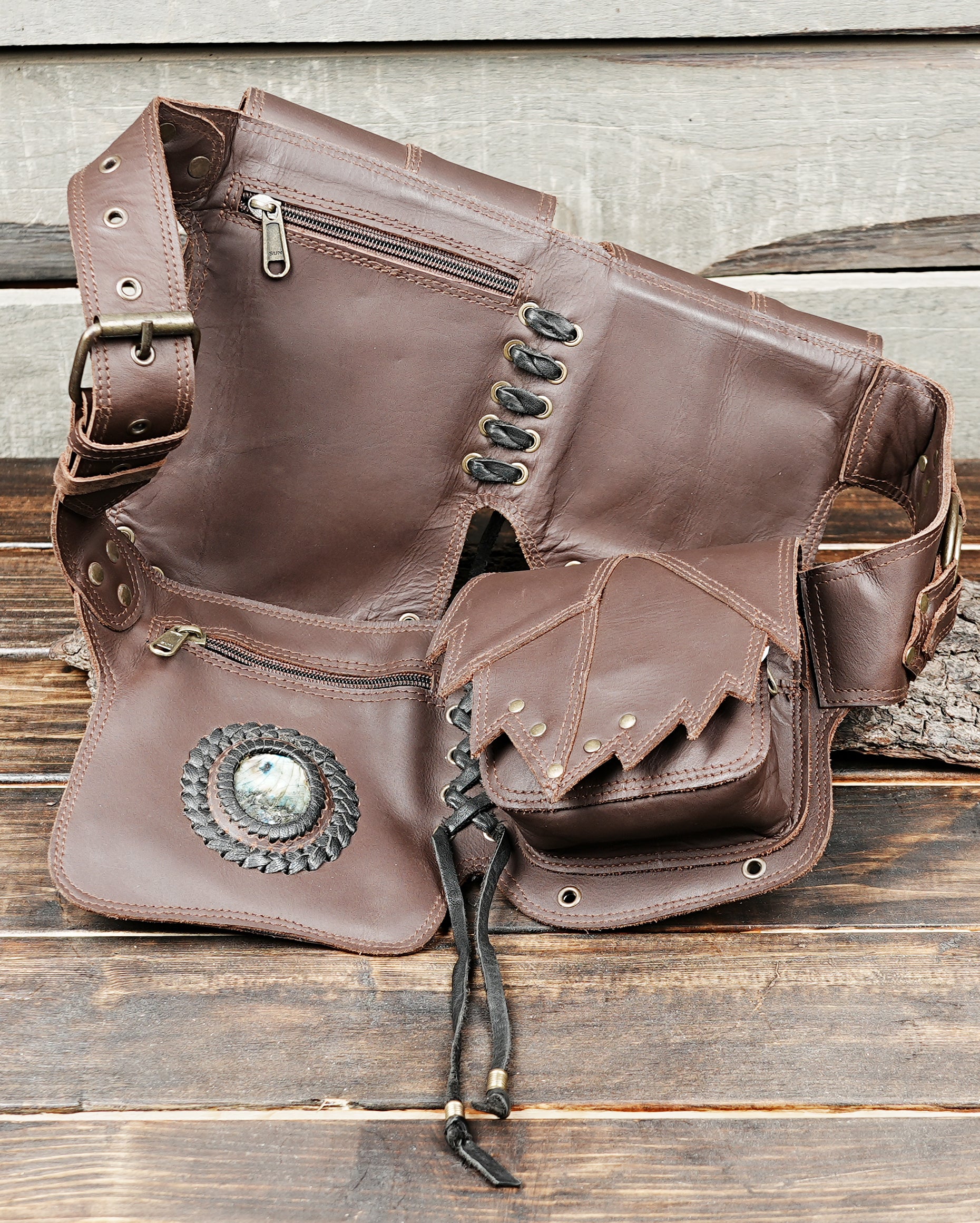 Handmade leather waist pack with steampunk inspired details