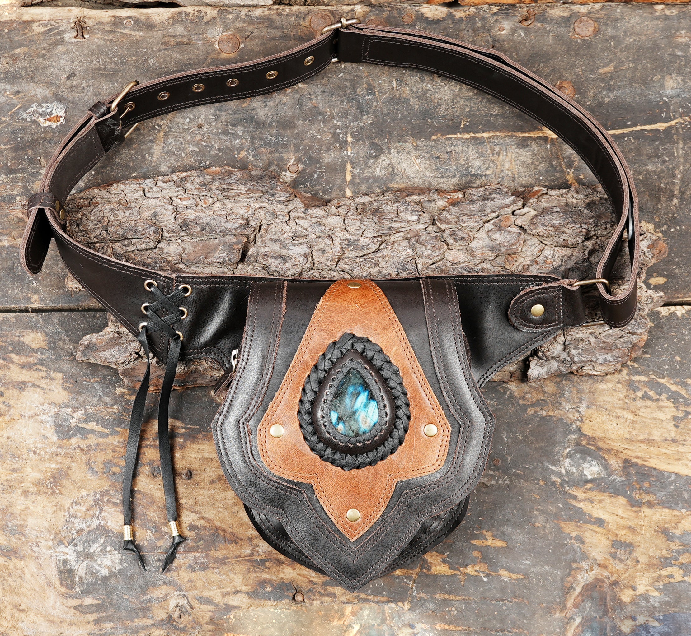 Artisan Black and Brown Leather Hip Belt with Stone Accent