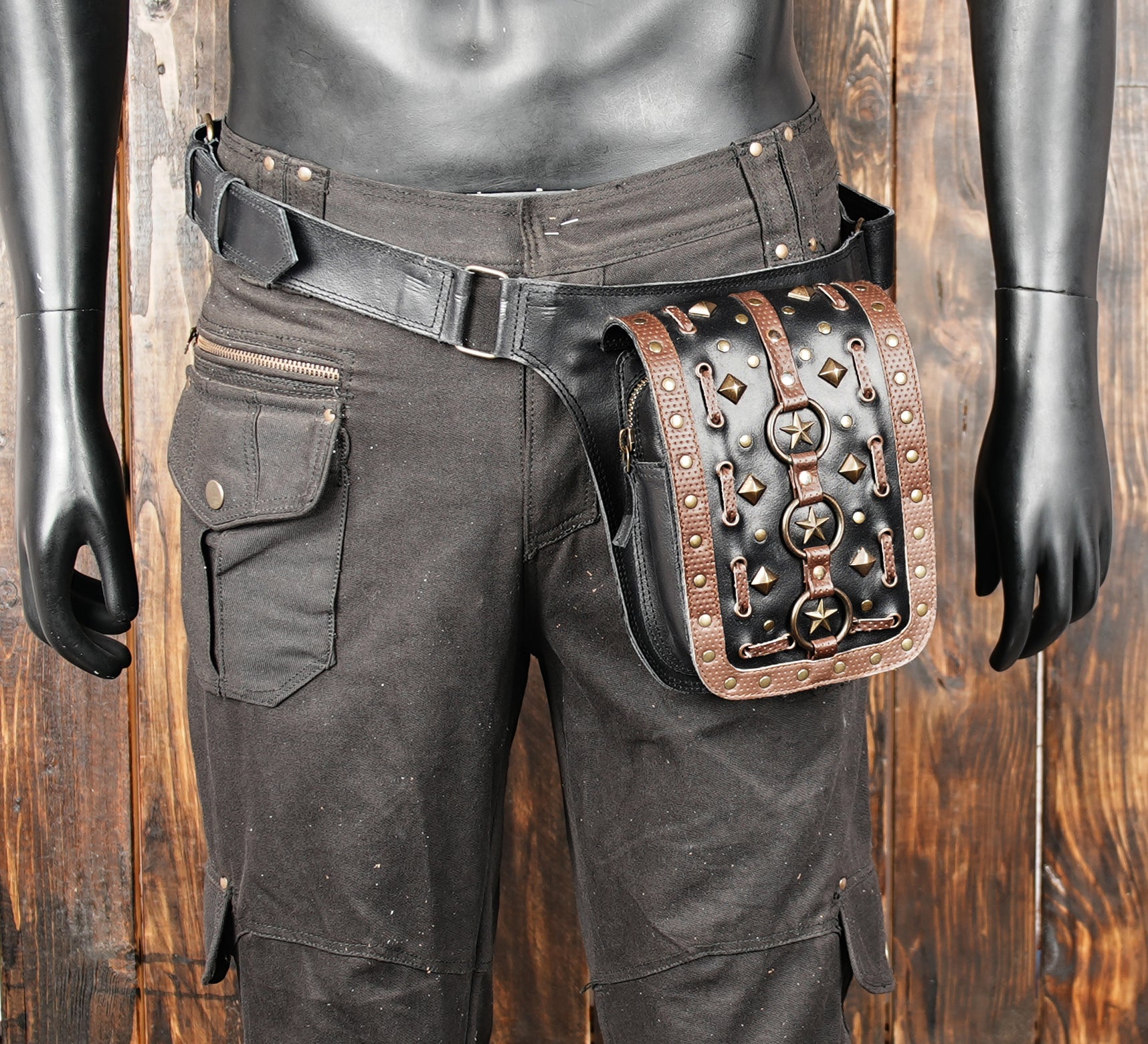 Adjustable black leather hip pouch with buckle strap for cosplay and festivals
