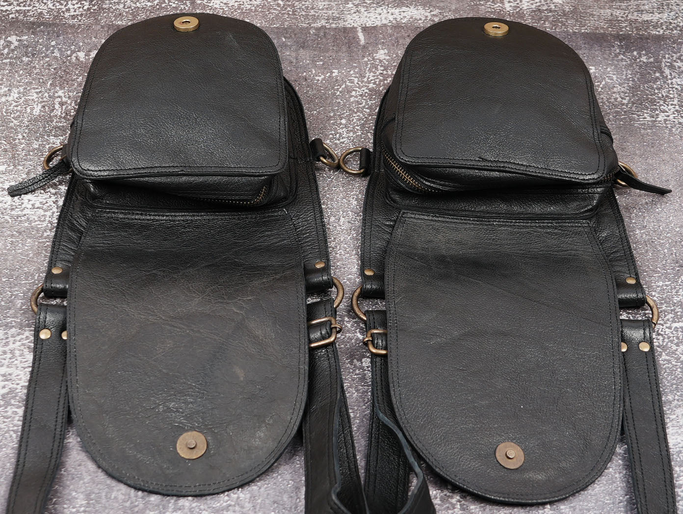 Custom leather dual pouch harness for travel and adventure