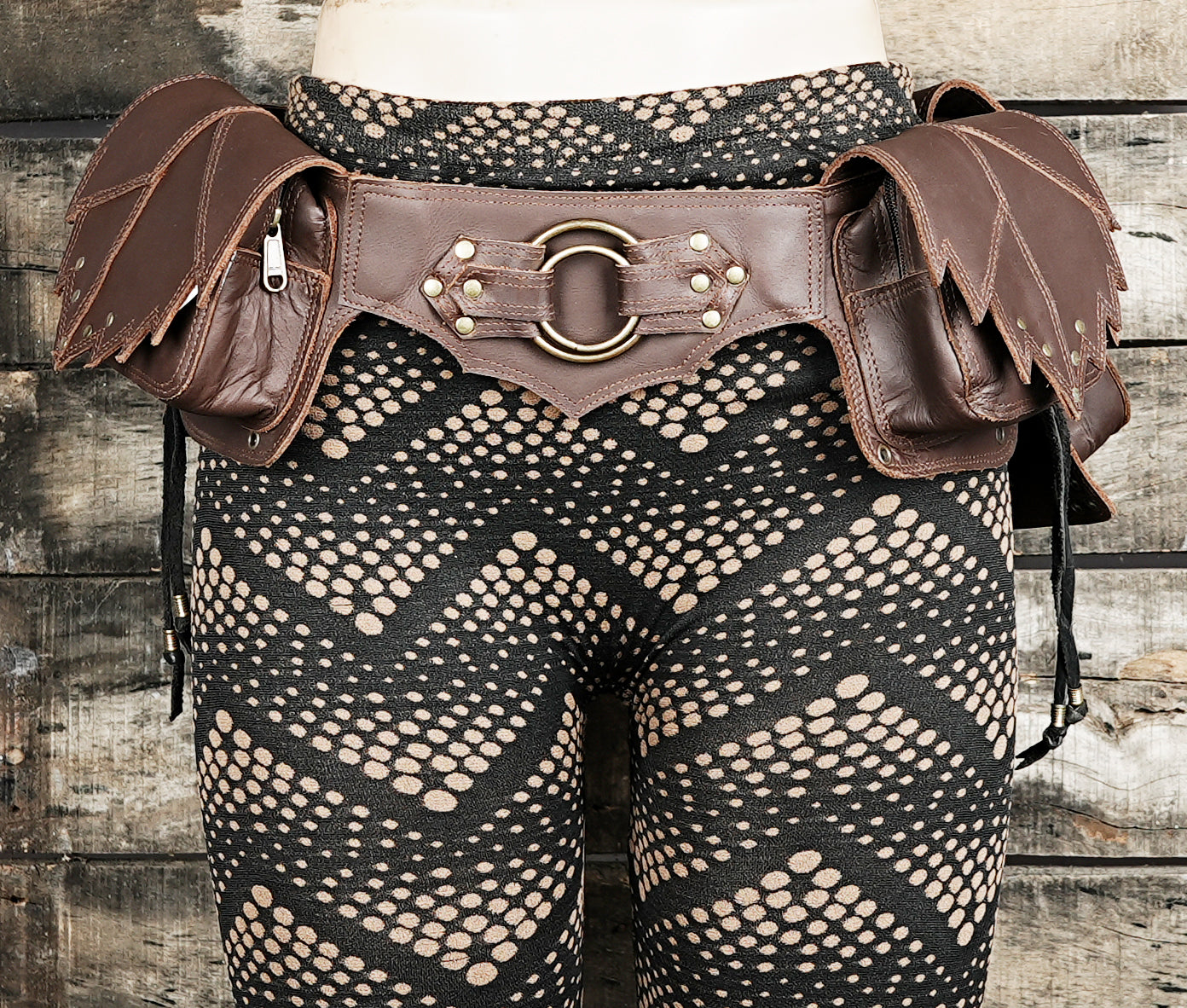 Brown leather waist bag with fantasy cosplay warrior design