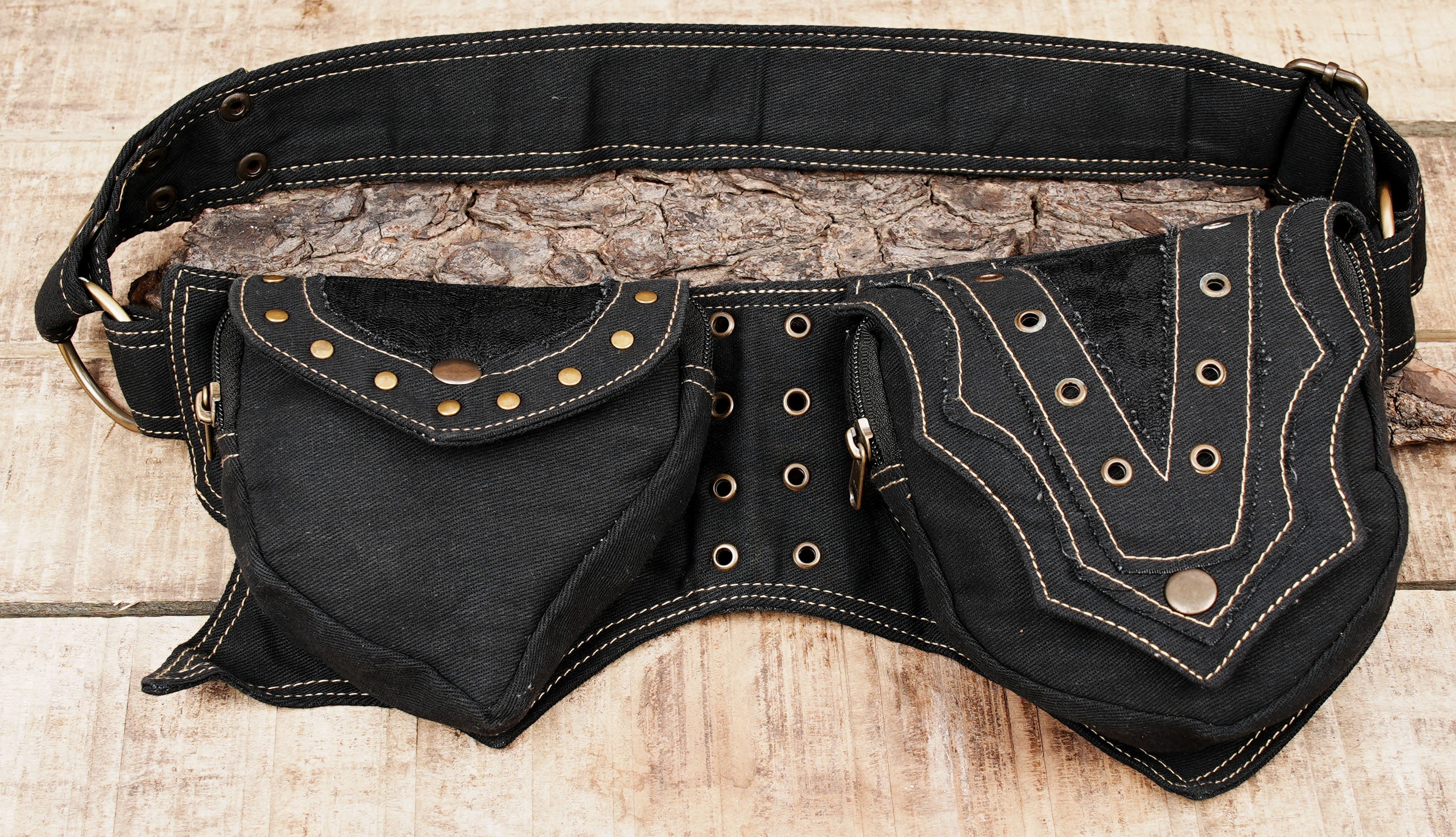 Black canvas festival hip bag with asymmetrical pointed pockets and contrast stitching