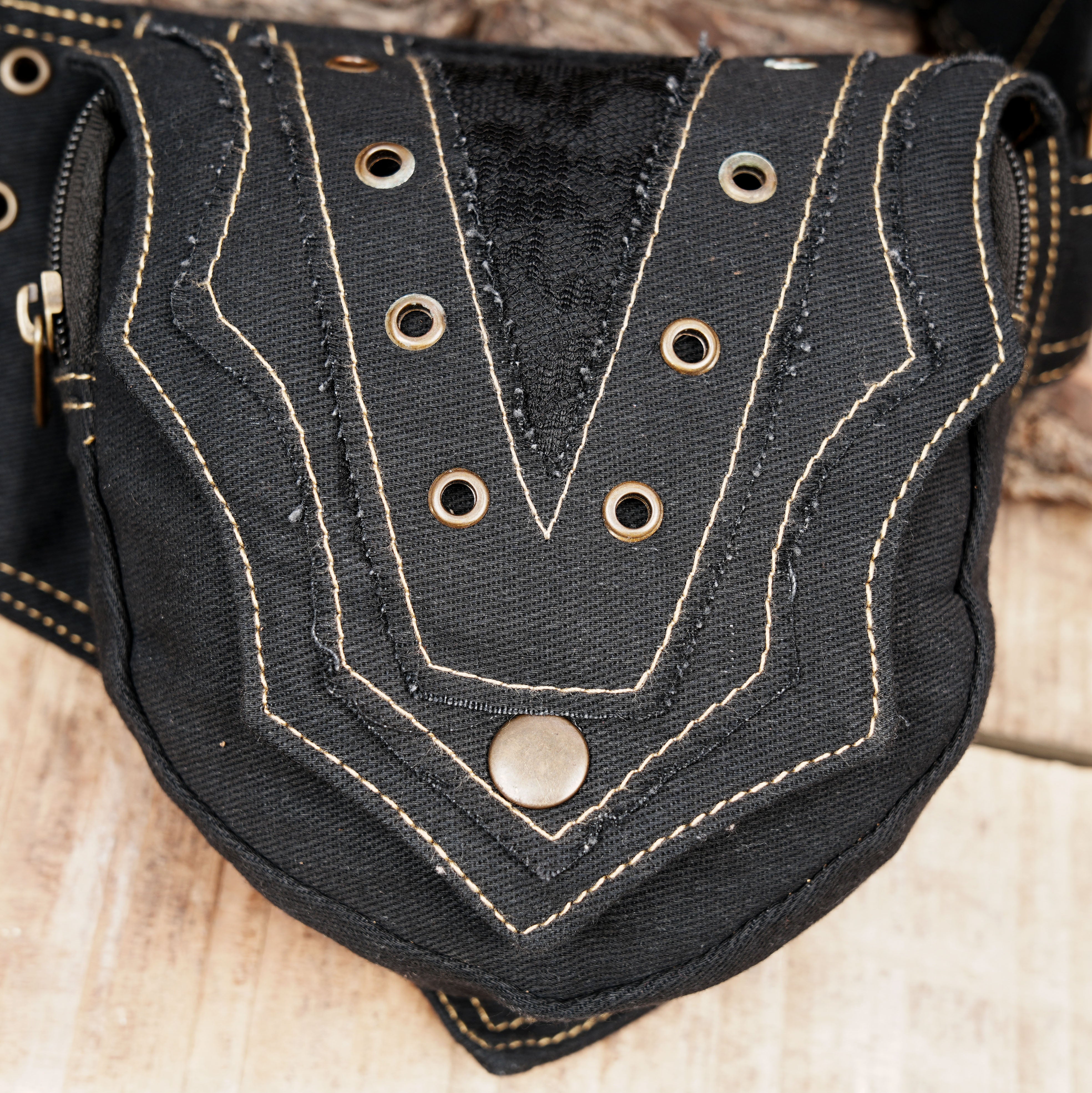 Studded gothic bum bag with snap flap pouches and zipper compartments