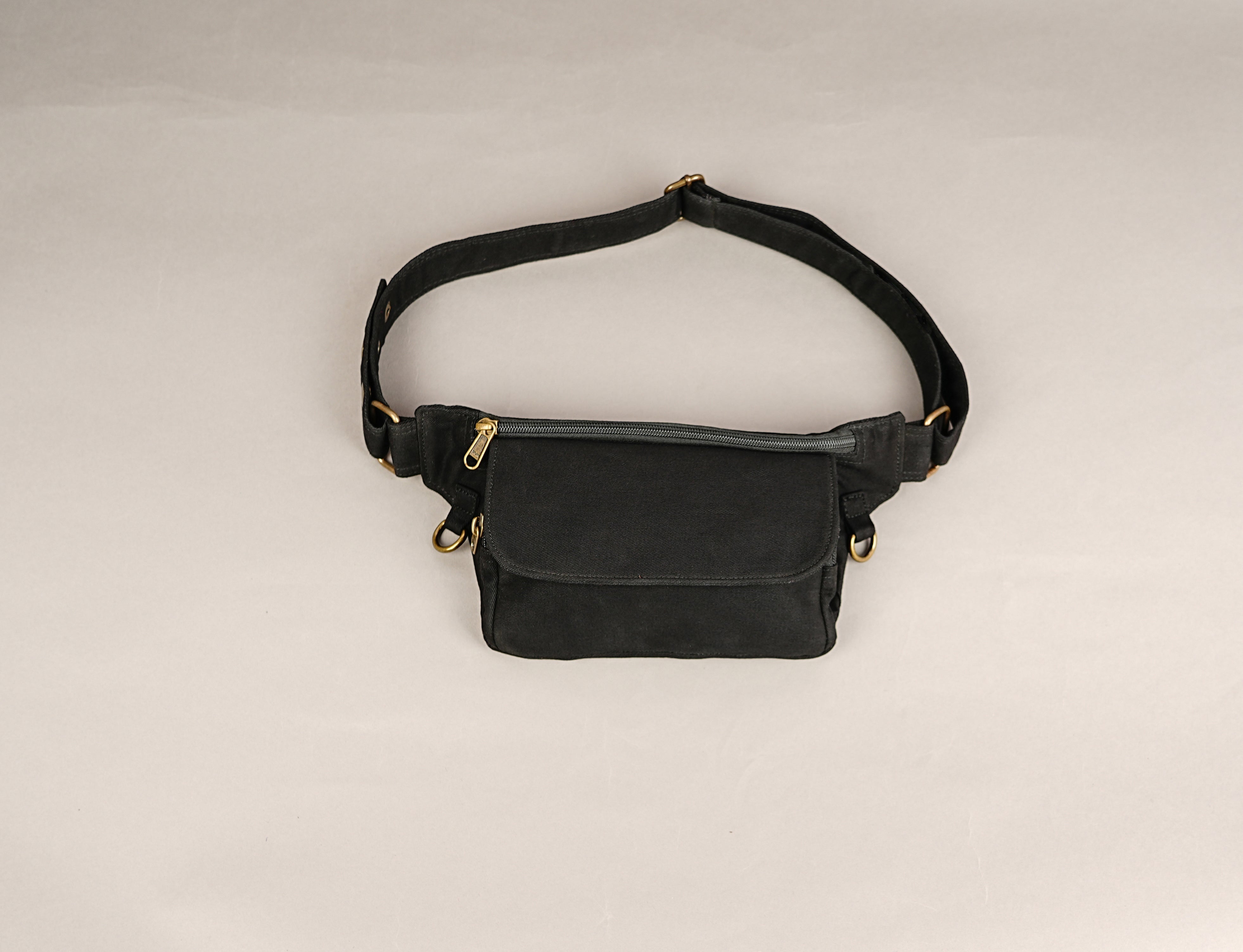 Handmade black cotton belt bag with adjustable waist strap and front pouch