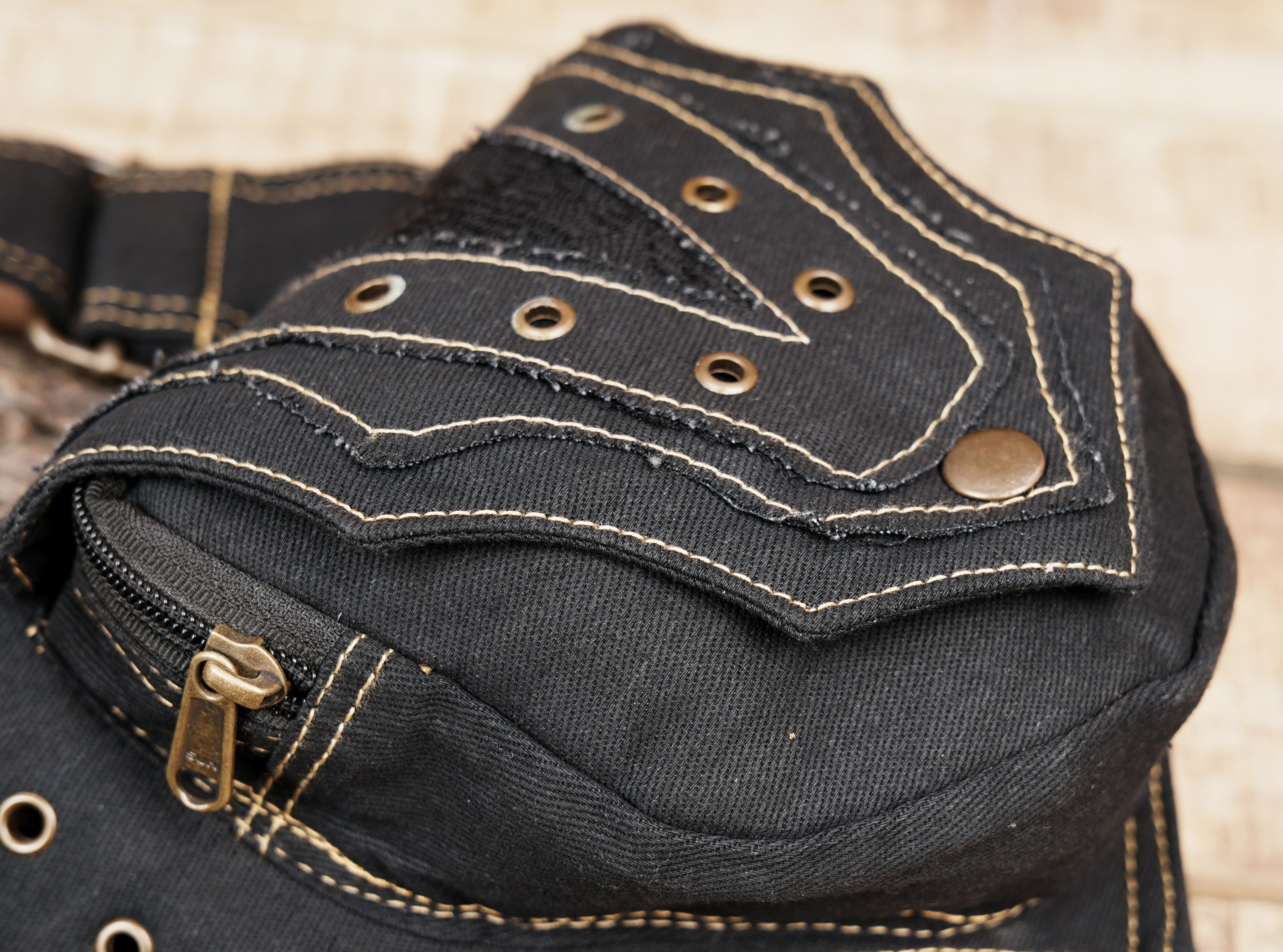 Steampunk festival hip pouch with double utility pockets and antique brass hardware