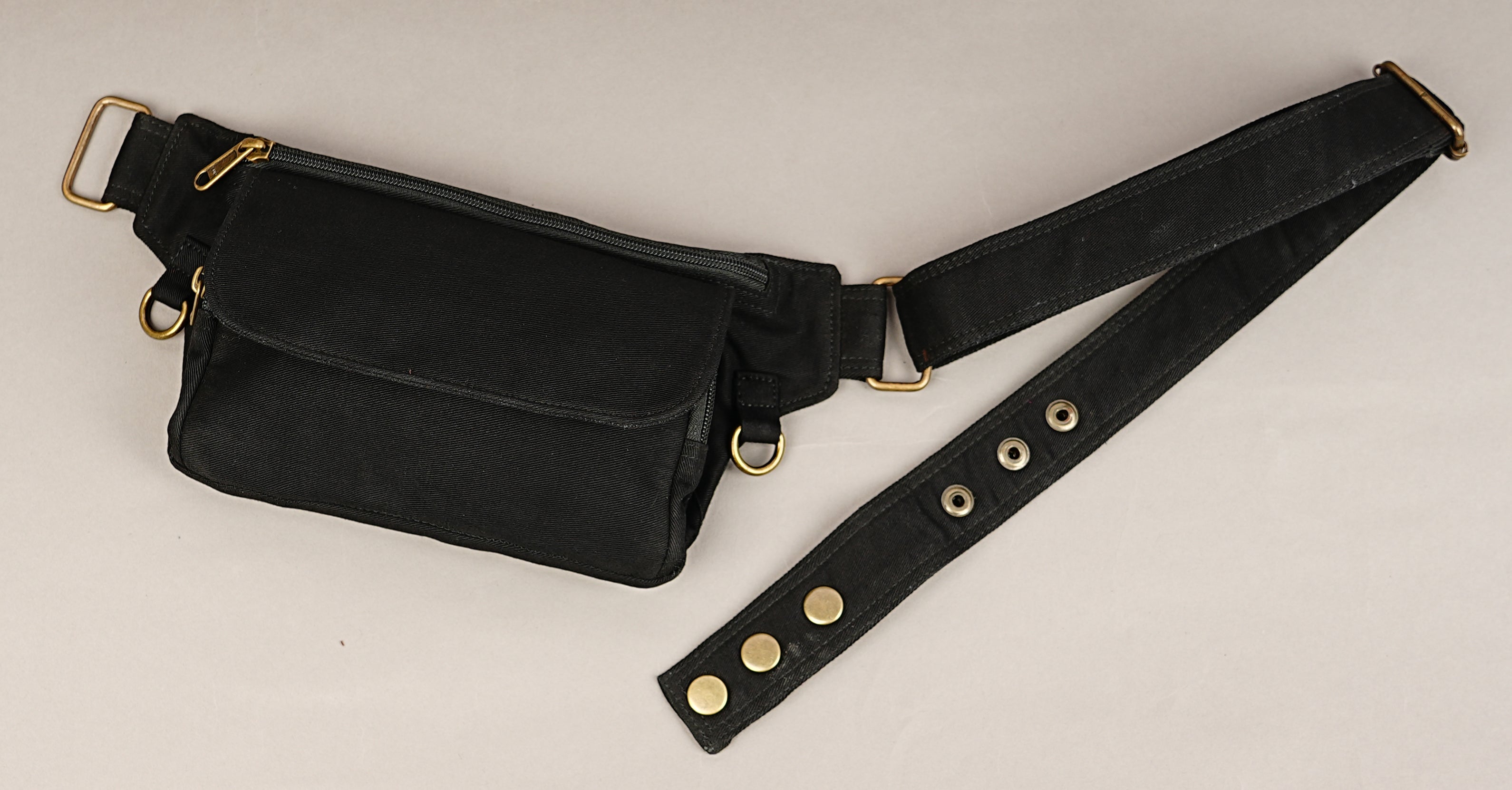 Black utility belt bag with antique brass D rings and adjustable strap