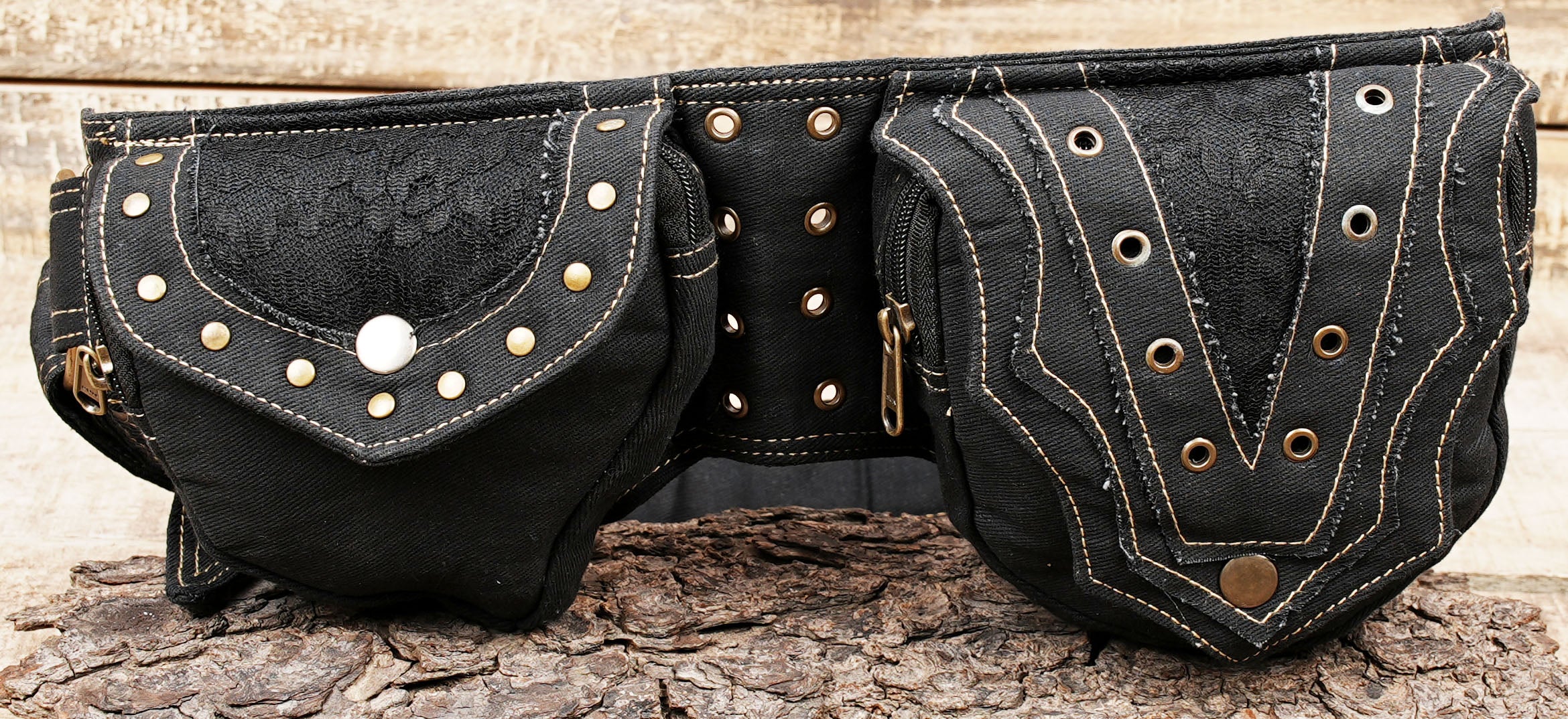 Alternative rave pocket belt with pointed pocket flap and brass O-rings
